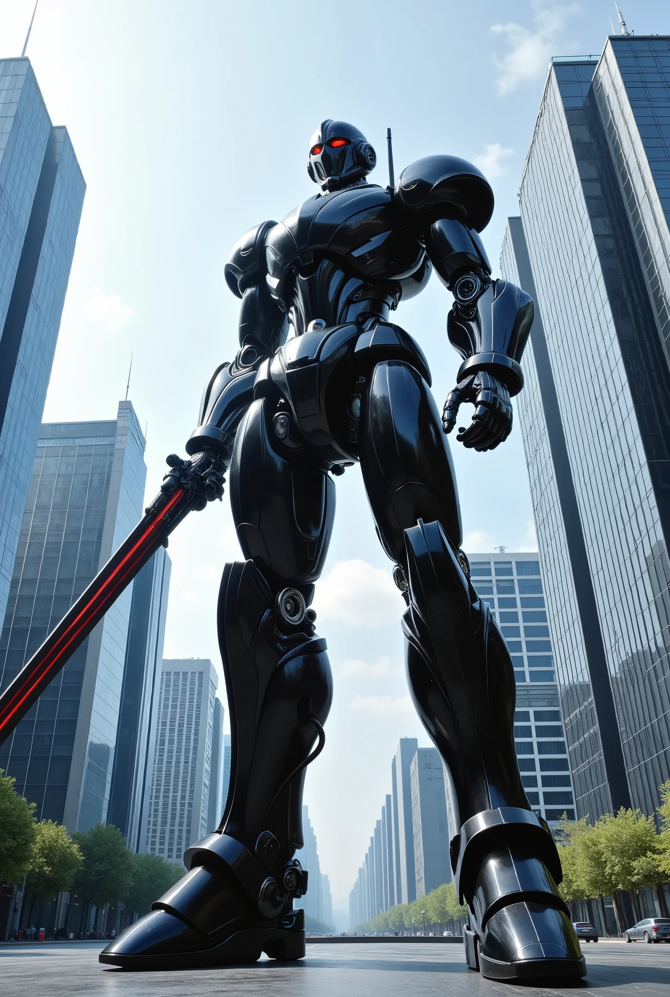 In the middle of a roundabout surrounded by glass skyscrapers, a giant robot five times taller than the buildings stands still. The jet-black giant robot has a cool, beautiful, smooth, streamlined form and holds a shining cosmic ray sword in its hand. from below, professional and perfect composition, extremely delicate depiction, extremely clear image, bold and dynamic, contrasts of light and shadow, 2.5D, artistic photography, hyper realistic, ultra detailed, absolutely resolution, masterpiece