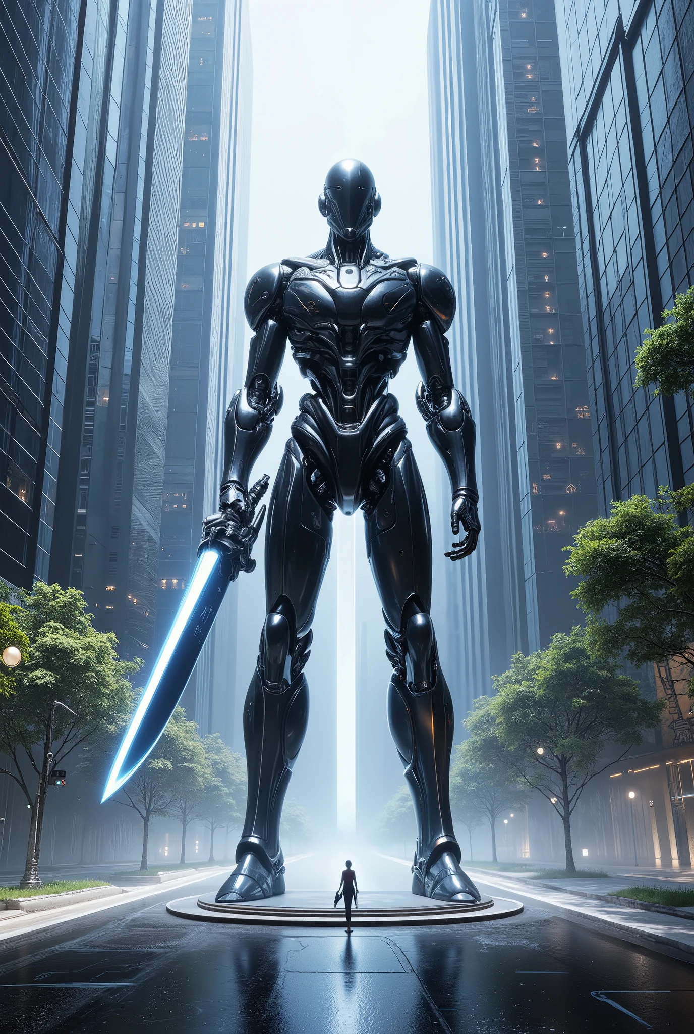 In the middle of a roundabout surrounded by glass skyscrapers, a giant robot five times taller than the buildings stands still. The jet-black giant robot has a cool, beautiful, smooth, streamlined form and holds a shining cosmic ray sword in its hand. from below, professional and perfect composition, extremely delicate depiction, extremely clear image, bold and dynamic, contrasts of light and shadow, 2.5D, artistic photography, hyper realistic, ultra detailed, absolutely resolution, masterpiece
