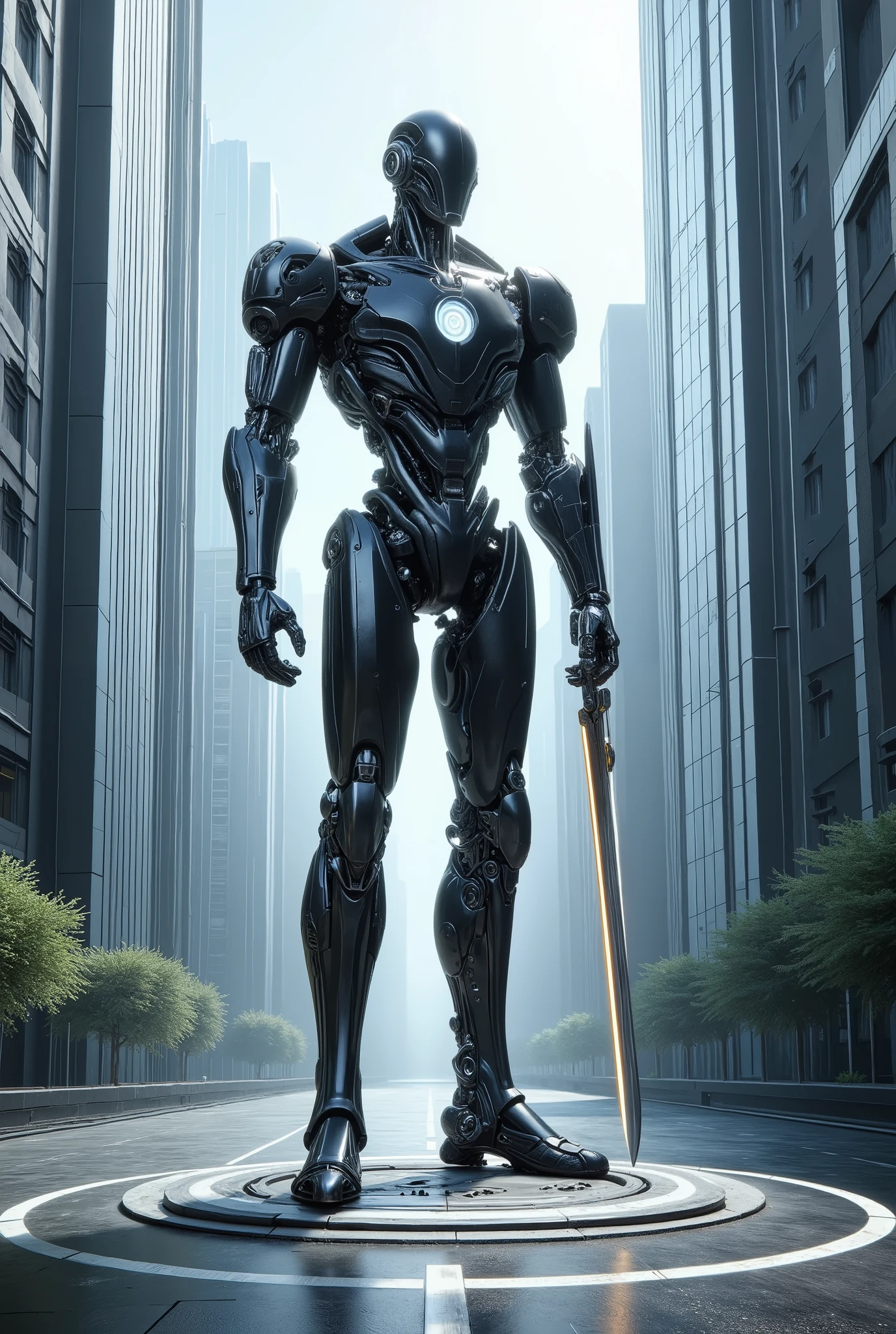 In the middle of a roundabout surrounded by glass skyscrapers, a giant robot five times taller than the buildings stands still. The jet-black giant robot has a cool, beautiful, smooth, streamlined form and holds a shining cosmic ray sword in its hand. from above, professional and perfect composition, extremely delicate depiction, extremely clear image, bold and dynamic, contrasts of light and shadow, 2.5D, artistic photography, hyper realistic, ultra detailed, absolutely resolution, masterpiece
