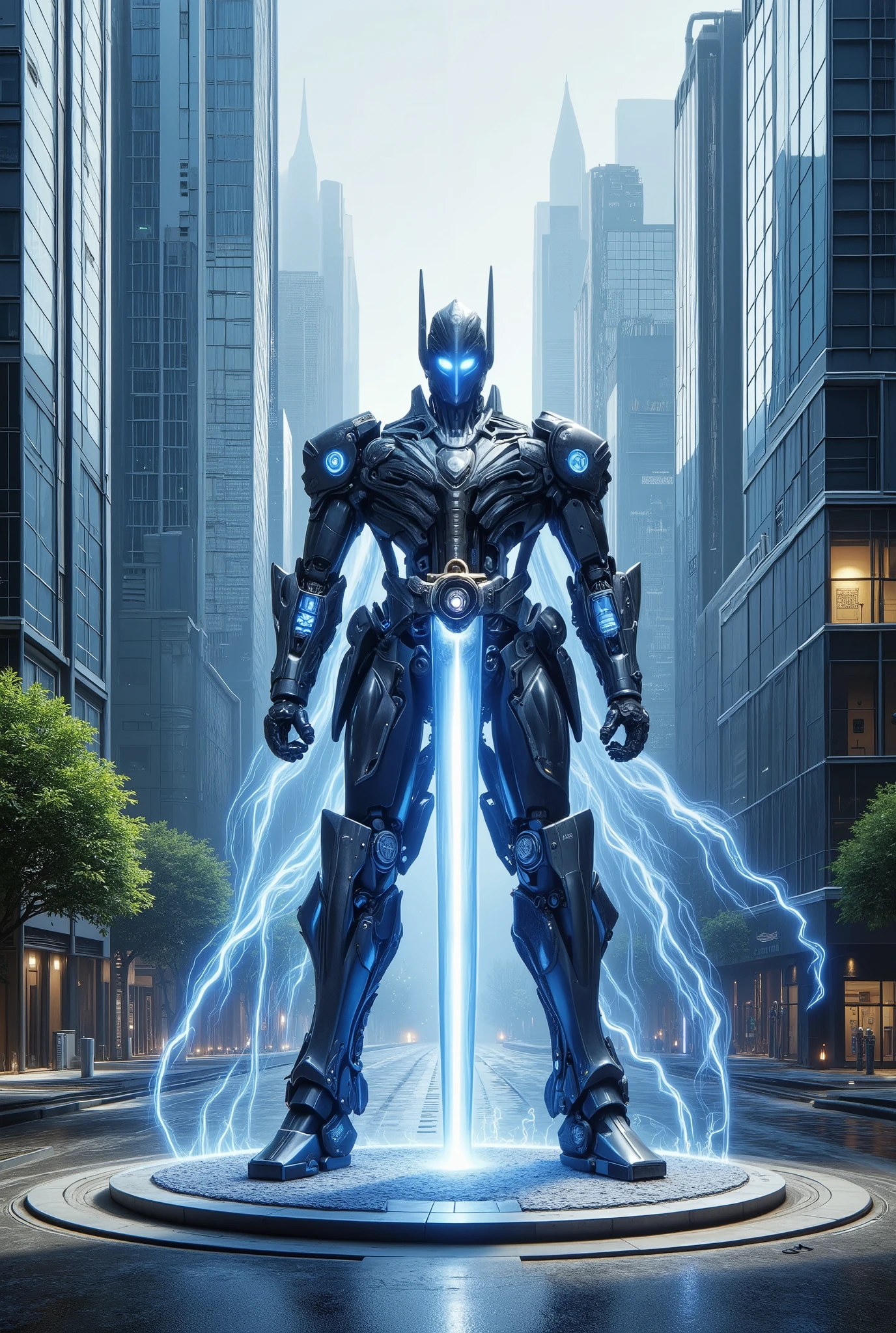 In the middle of a roundabout surrounded by glass skyscrapers, a giant robot five times taller than the buildings stands still. The jet-black giant robot has a cool, beautiful, smooth, streamlined form and holds a shining cosmic ray sword in its hand. from above, professional and perfect composition, extremely delicate depiction, extremely clear image, bold and dynamic, contrasts of light and shadow, 2.5D, artistic photography, hyper realistic, ultra detailed, absolutely resolution, masterpiece