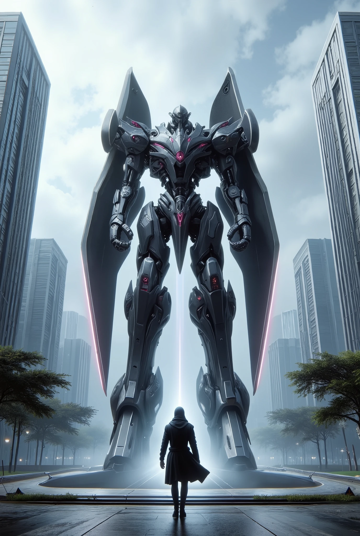 from above, In the middle of a roundabout surrounded by glass skyscrapers, a giant robot ten times bigger than the buildings stands still. The jet-black giant robot has a cool, beautiful, smooth, streamlined form and holds a shining cosmic ray sword in its hand. professional and perfect composition, extremely delicate depiction, extremely clear image, bold and dynamic, contrasts of light and shadow, 2.5D, artistic photography, hyper realistic, ultra detailed, absolutely resolution, masterpiece