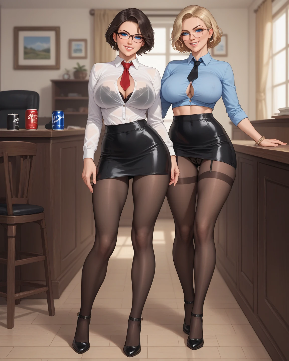 Bill Ward's art, illustrations, pretty girls, long hair, perfect glass hour body, huge breasts, super small waist, vintage tight sexy skirt, clearly feminine features bulging, smiling, sitting in a street café in Paris drinking coffee