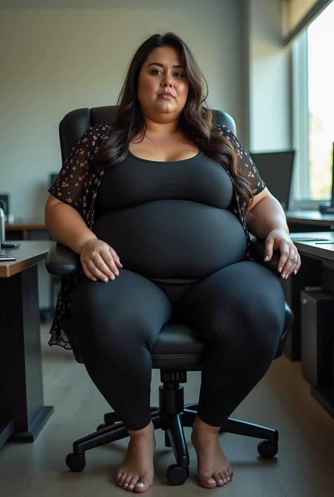 Office scene, A radiant, full-figured South Indian 35 year old aunty a gray silky skirt and top, sitting the floor on her knees, captured in a full-body image with vibrant hues and meticulous details. Full body image