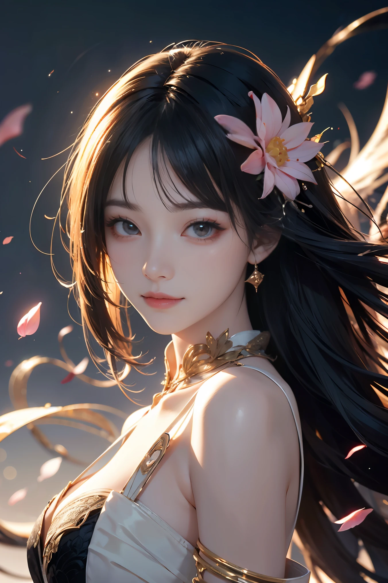 ((8k wallpaper of extremely detailed CG unit, masterpiece, hight resolution, top-quality, top-qualityのリアルテクスチャスキン)), (a very beautiful woman, Plump lips, The upper part of the body, Japanese pattern blouson:1.2, Japanese pattern micro mini shorts:1.2), (A dark-haired, hair messy, de pele branca, small tit), ((Colorful background with geometric patterns, Japanese pattern background, warm color)), (hyper realisitic, digitial painting),nsfw,slender body shape, (Hyper-realistic) , (illustration), (Increase the resolution), (8K), (RAW photos,best qualtiy),(realisticlying,photograph realistic:1.3),best qualtiy,highly detailed,tmasterpiece,Hyper-detailing,( the wallpaper), (Detailed face), solo,1girll,The is very detailed,dynamic angle,cow boy shot,The most beautiful form of chaos,elegant,Fauvist design,vivd colour,Goddess of romanticism,Model figure,ancient costume,best qualtiy,Extremely detailed jewelry,Peony petals,scenecy,rios|Wagas,nsfw, chinese dress, slender , black dress,dynasty, white top, black bottom