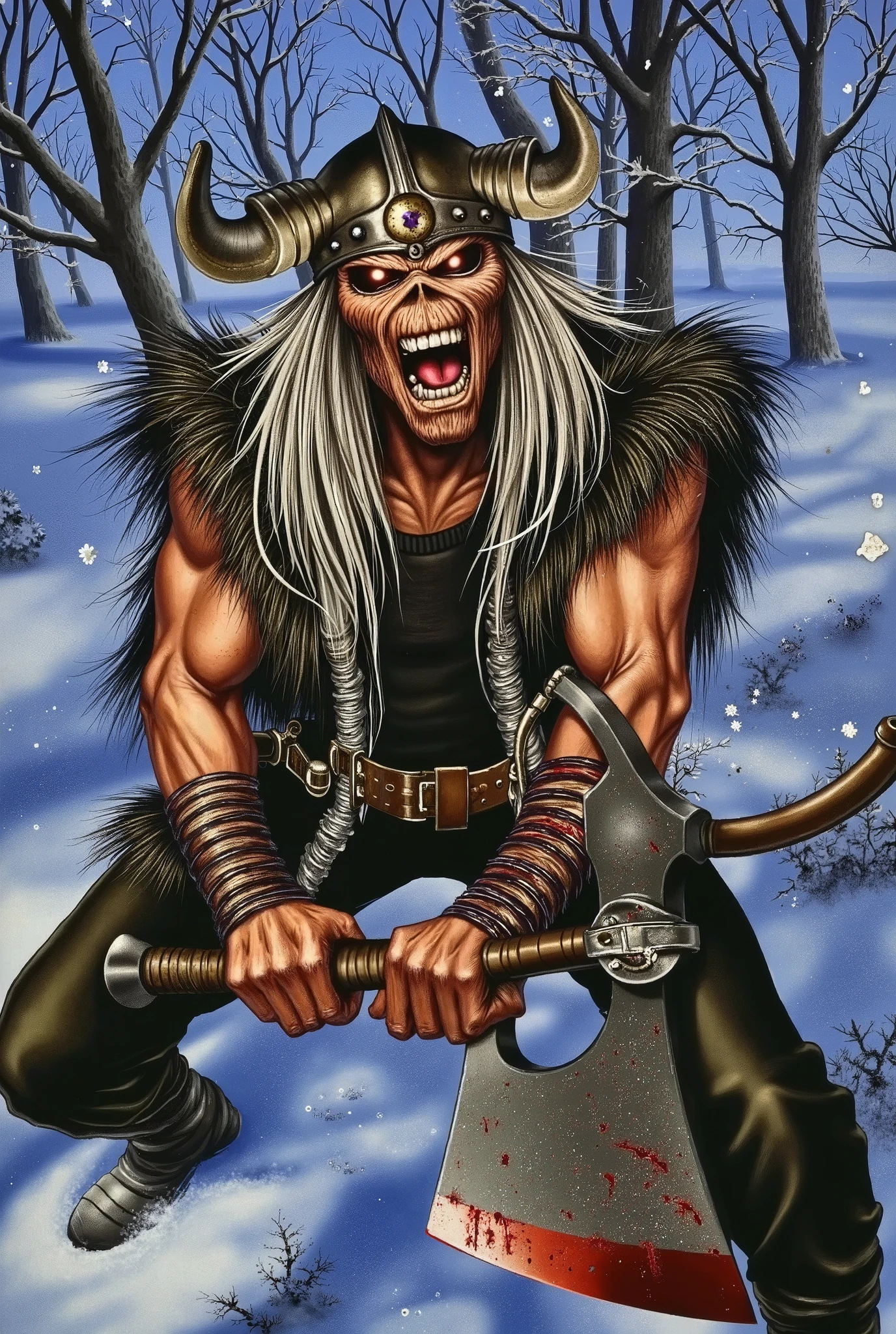 illustration of Eddie from Iron Maiden, a viking warrior holding a bloddy axe, Nordic winter, snow. 
