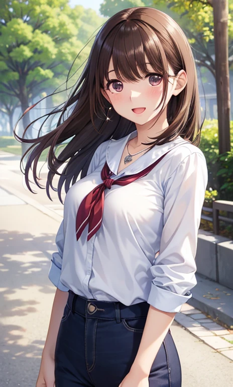 ((Highest quality, High resolution, masterpiece, detailed)),
Cowboy Shot, Written boundary depth, View your audience, Anatomically correct, 1people, female, Perfect Face, Cute and symmetrical face, Shiny skin,
(Medium Hair, Blonde), Chestnut brown eyes, Long eyelashes, (Large Breasts:0.8),
Beautiful details, Beautiful Hair, Beautiful Face, Beautiful clavicle, Beautiful body, Beautiful breasts, Beautiful thighs, Beautiful feet,
(Collared shirt, Navy blue short pleated skirt, Red bow tie, necklace, panties),
(Beautiful views), evening, walk, Tree-lined street, (smile, Naughty face, Open your mouth, Sticking out tongue), Skirt Lift,
