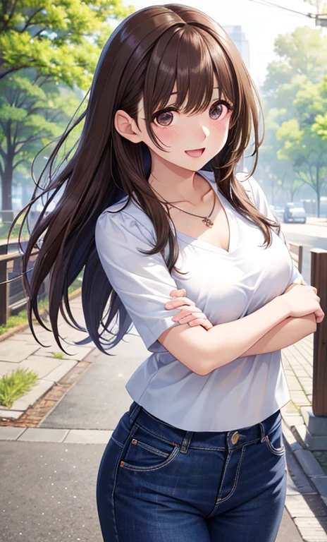 masterpiece, highest quality, High resolution，Anime Style、Brown Hair、Long Hair、female、Tank top、Shorts