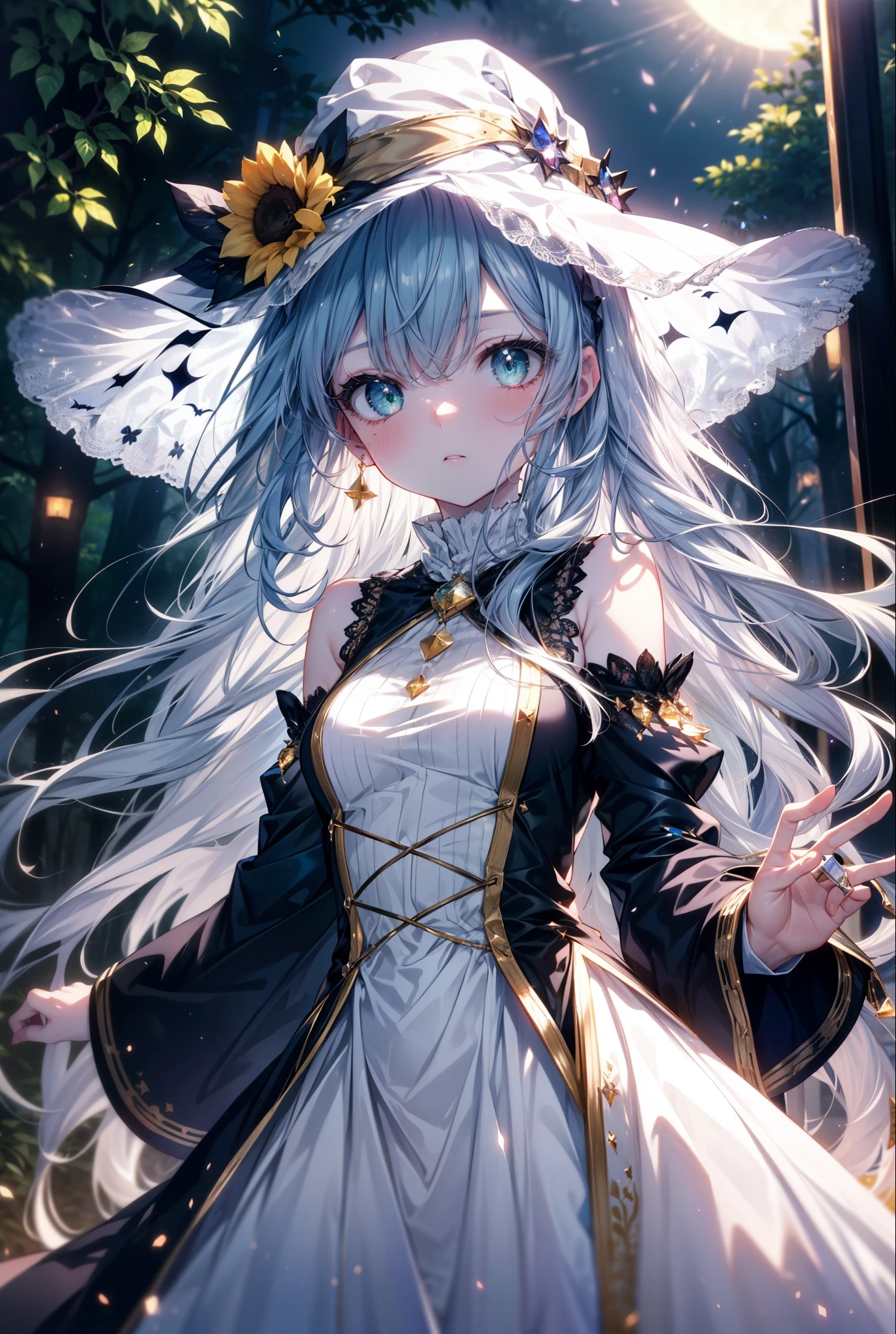 Prohibited bibliography, green eyes, Silver Hair, long hair,witch, has , witch has , dress, Halloween, Halloween costume, jewelry, full moon, whole bodyがイラストに入るように, break looking at viewer,whole body,
break outdoors, forest,,
break (masterpiece:1.2), best quality , high resolution, Unity 8K Wallpaper , (figure:0.8), ( precise and beautiful eyes:1.6), very detailed face, PERFECT LIGHTING , very precise CG, (perfect hand, perfect anatomy),