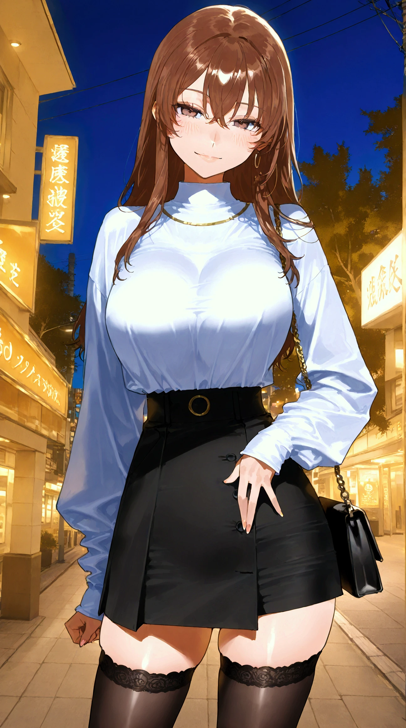 (masterpiece:1.3, highest quality), ultra high resolution, Super detailed, (realistic, photorealistic:1.4), beautiful illustrations, perfect lighting, colorful, Depth of written boundary, 
looking at the viewer, (face focus, Upper body), 1 female, alone, adult woman, sculpture model, (medium breasts:1.6, tight butt, seductive thighs), ((half up hair:1.9, light brown hair)), bangs, braided bangs, (gold eyes), parted lips, shiny skin, 
beautiful hair, beautiful face, highly detailed face, thin and beautiful eyes, beautiful clavicle, beautiful body, beautiful breasts, beautiful thighs, beautiful feet, beautiful fingers, 
fine fabric texture, ((hooded long sleeve t-shirt, Knitted Vest:1.7, White tight skirt with high waist, belt)), garnet necklace, 
(beautiful scenery), night, Are standing, (enchanting smile), 