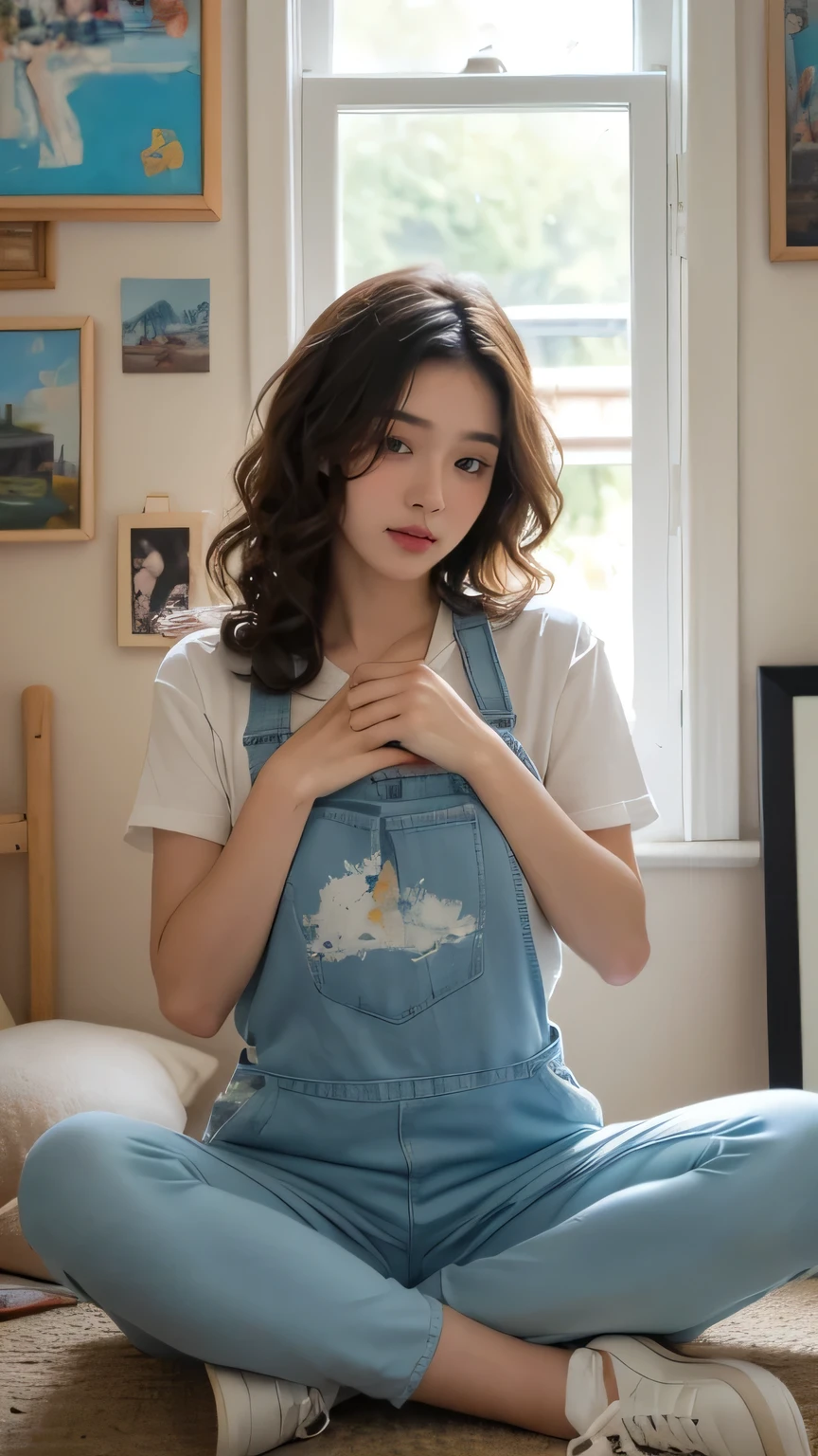 A young woman with curly brown hair sits cross-legged on a cozy living room floor, surrounded by scattered art supplies. She's wearing a paint-splattered apron over a simple t-shirt and leggings, her hands delicately holding a canvas as she adds the finishing touches to a vibrant painting. Sunlight streams through the nearby window, casting a warm glow on her focused expression. Around her, the room is filled with the comforting clutter of creativity—tubes of paint, brushes in jars, and sketches pinned to the walls—reflecting her passion and dedication to her craft.