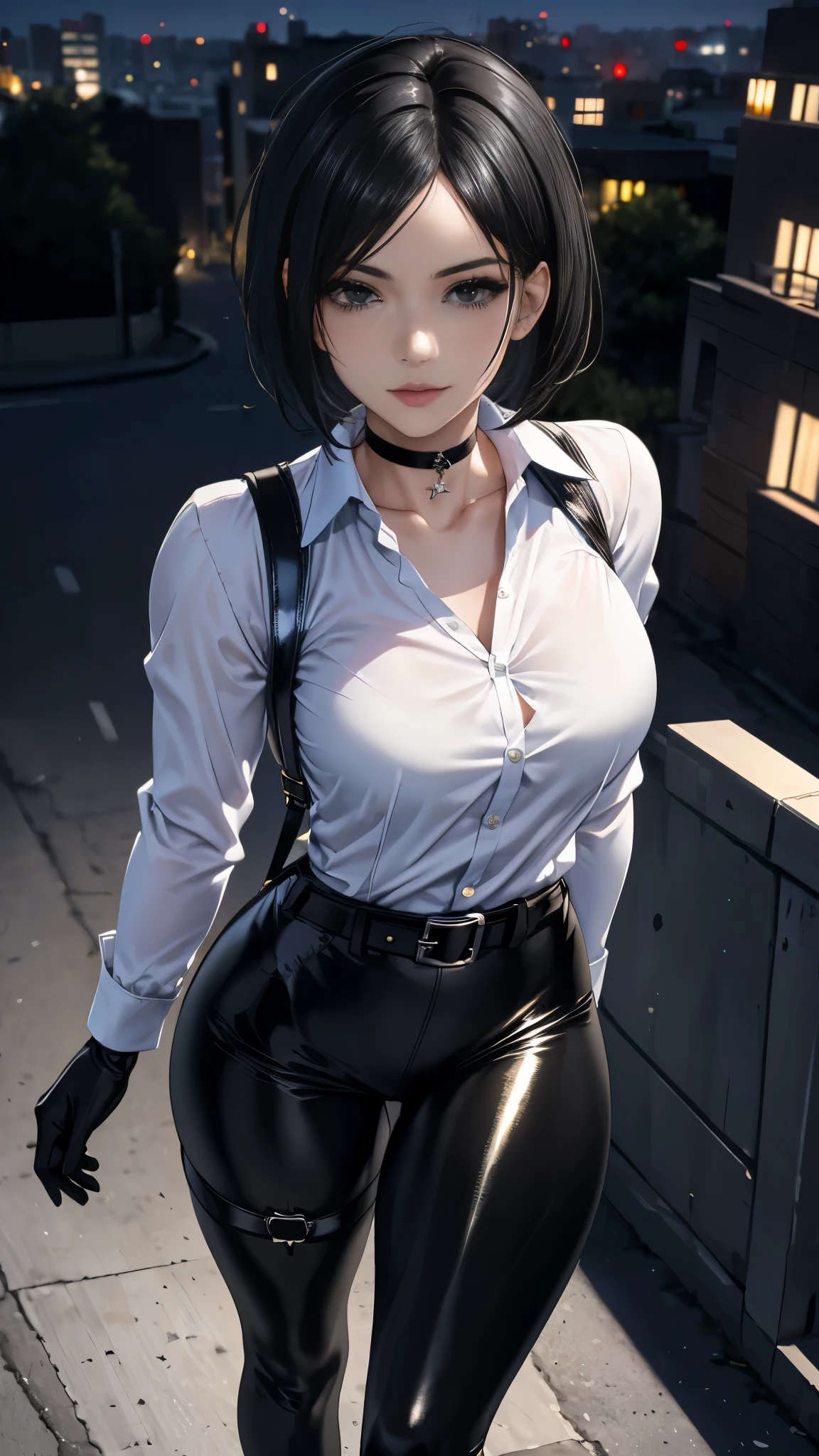 masterpiece, envelopes, HDR-10, volumetric lighting , ( perfect hands), There is a person, standing, (pose sexy), ( seen from above ), looking at the viewer , seductive look, detailed eyes, black eyes , sensual lips, short black hair , choker : 1.6, (white long sleeve buttoned shirt), (black straps), ( shiny black leggings), black gloves, belt, ((thigh harness)), street, city, at night