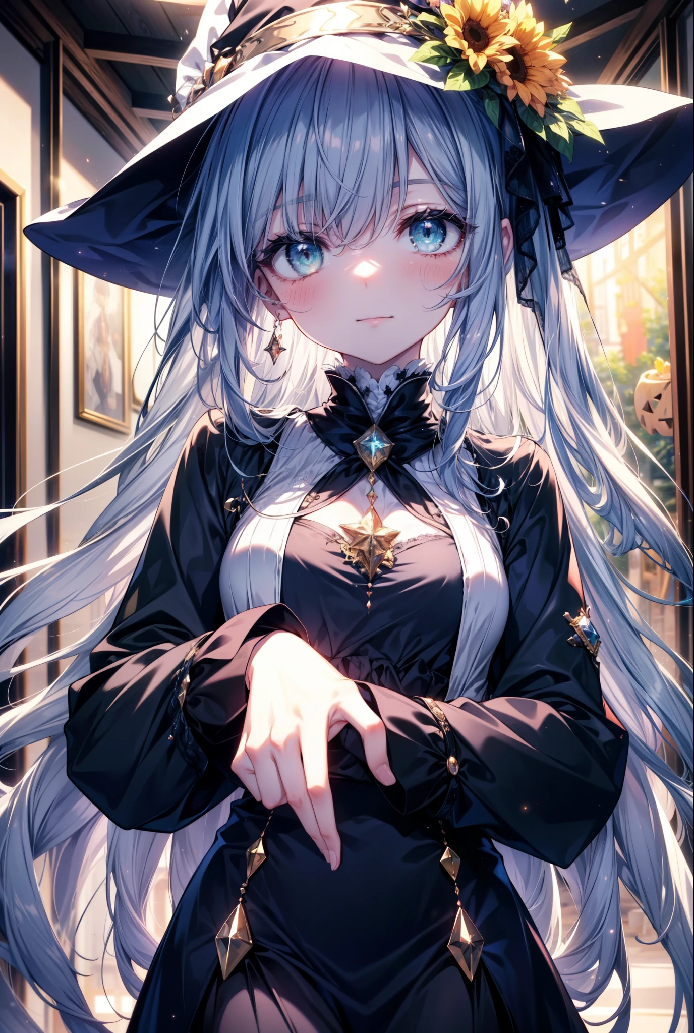 Prohibited bibliography,  green eyes, Silver Hair,  long hair,witch,  has , smile,blush, mouths,witch  has ,  dress,  Halloween,  Halloween costume,   jewelry, full moon,  whole bodyがイラストに入るように,                                                                   break looking at viewer,whole body,
break outdoors, forest,, 
break (masterpiece:1.2),  best quality ,  high resolution,  Unity 8K Wallpaper , (figure:0.8), ( precise and beautiful eyes:1.6),  very detailed face,  PERFECT LIGHTING ,  very precise CG, (perfect hand,  perfect anatomy),