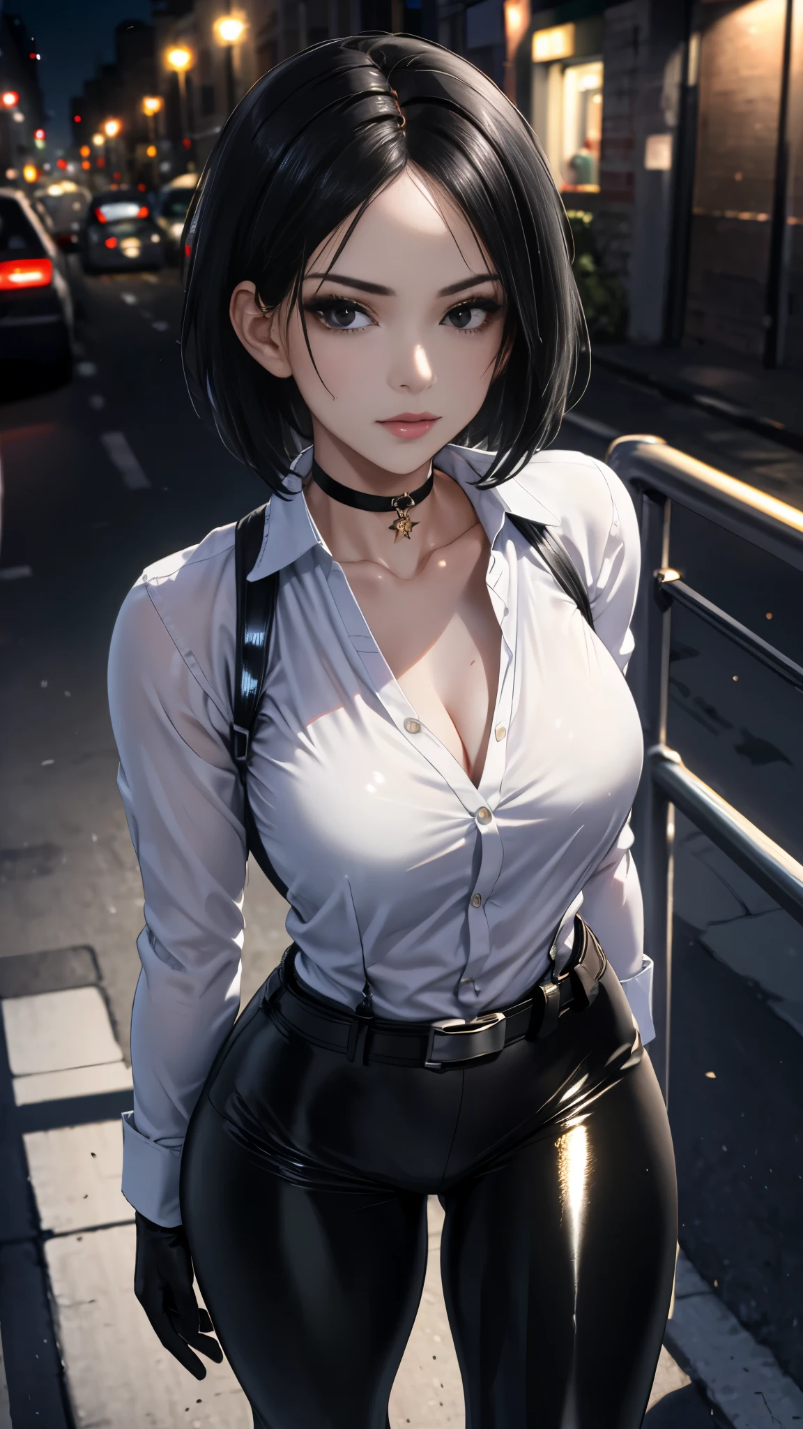 masterpiece, envelopes, HDR-10, volumetric lighting , ( perfect hands), There is a person, standing, (pose sexy), seen from above , looking at the viewer , seductive look, detailed eyes, black eyes , sensual lips, short black hair , choker : 1.6, (white long sleeve buttoned shirt), (black straps), ( shiny black leggings), black gloves, belt, ((thigh harness)), street, city, at night