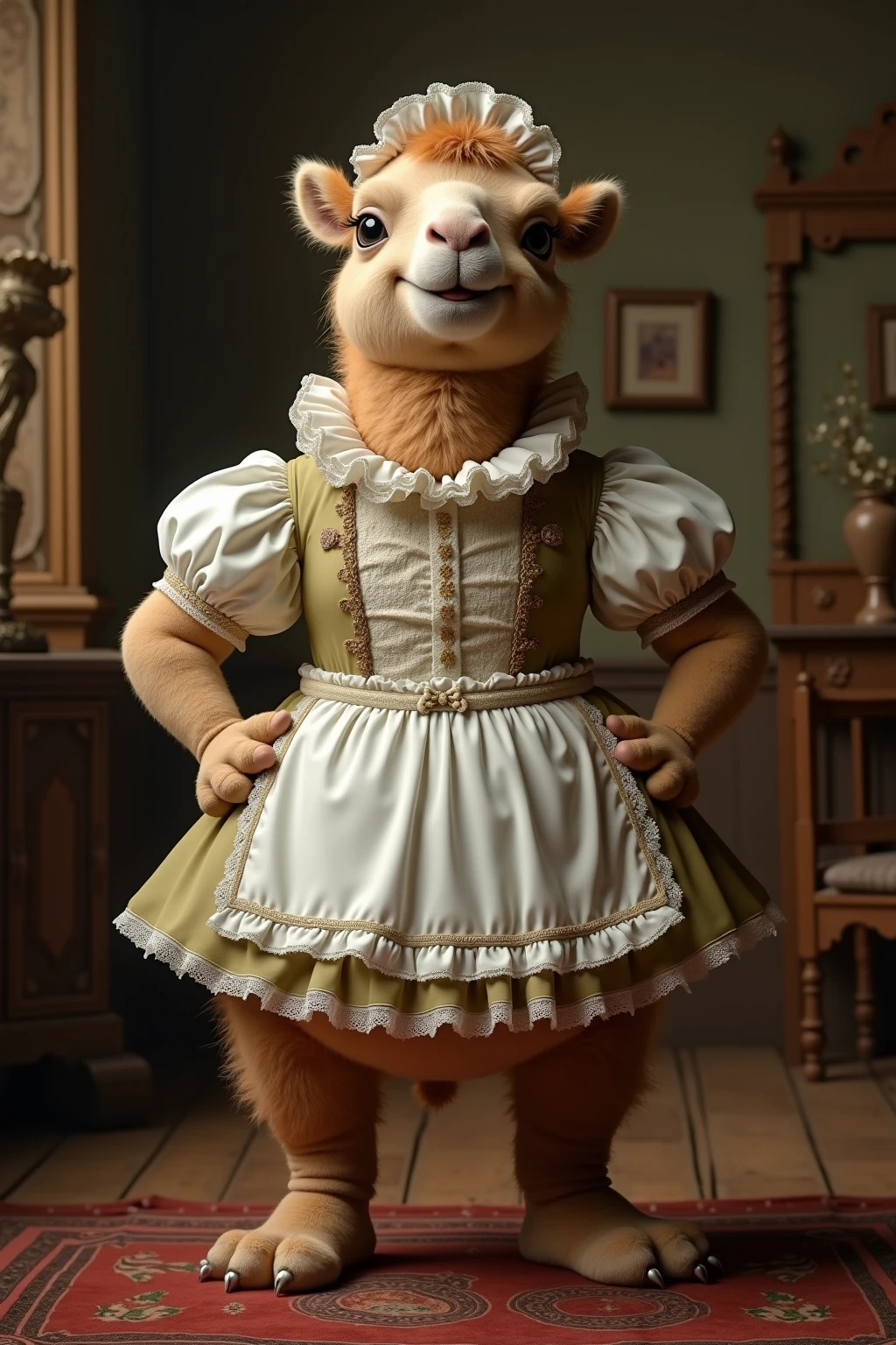 photo of anthro cat standing wearing plush dress with embroiled text talos