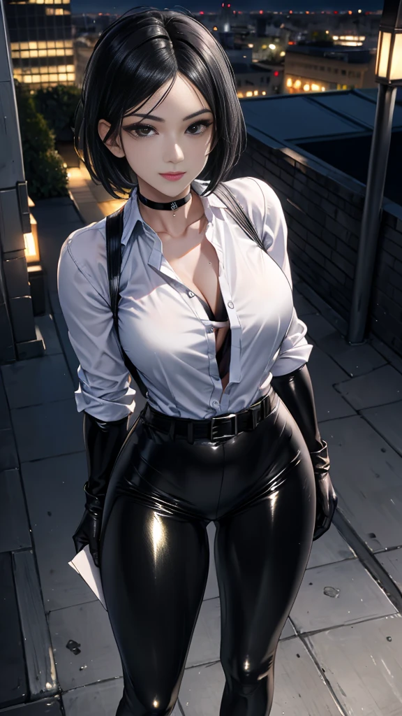 anime girl posing in a classroom, art student, seductive anime girl, casually dressed, ecchi anime style, large breasts, (very straight hair:1.5), black denim pants, blunt bangs, black hair, purple highlights, grey turtleneck, sleeveless, tight clothes, ribbed fabric, ripped pants, thicc, portrait, teacher, medium hair, (bare arms:1.5), languid look, warm tones, brown eyes