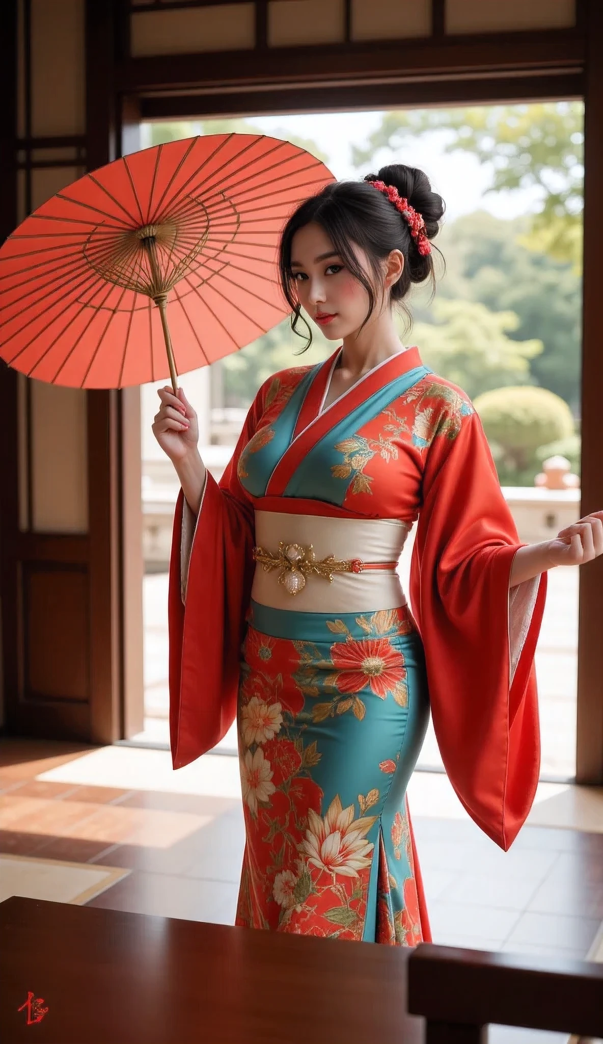 An arafed smiling japanese woman in a japanese traditional folk kimono dress standing in a room, wearing ancient chinese clothes, palace ,an oiran, a girl in hanfu, hanfu, traditional chinese clothing, with acient chinese clothes, chinese dress, japanese kimono, chinese costume, traditional beauty, ancient chinese princess, japanese clothes, chinese style, traditional japanese colors, wearing kimono, ancient chinese beauties, Create a prompt that captures the essence of ancient Japan through an artist's interpretation. The scene should feature a photorealistic, well-rounded Japanese female character who embodies vivacity and grace, showcasing her in a traditional silk kimono as she smiles gently. Utilize a wide-angle view to emphasize symmetrical image composition, with a cinematic angle that reveals a beautifully designed ancient oriental interior in the background. Employ soft lighting to enhance the ambiance, ensuring that the character’s shiny hair and lifelike features are depicted with precision. Focus on creating central leading lines that guide the viewer's eye through the depth of the scene, while highlighting the intricate details of both the wardrobe and the environment. Please ensure the artwork reflects an immersive ancient Japan theme, enriched by the textures and vibrancy typical of a MajicMix or silkpunk style, without including any inappropriate elements.Accurate,