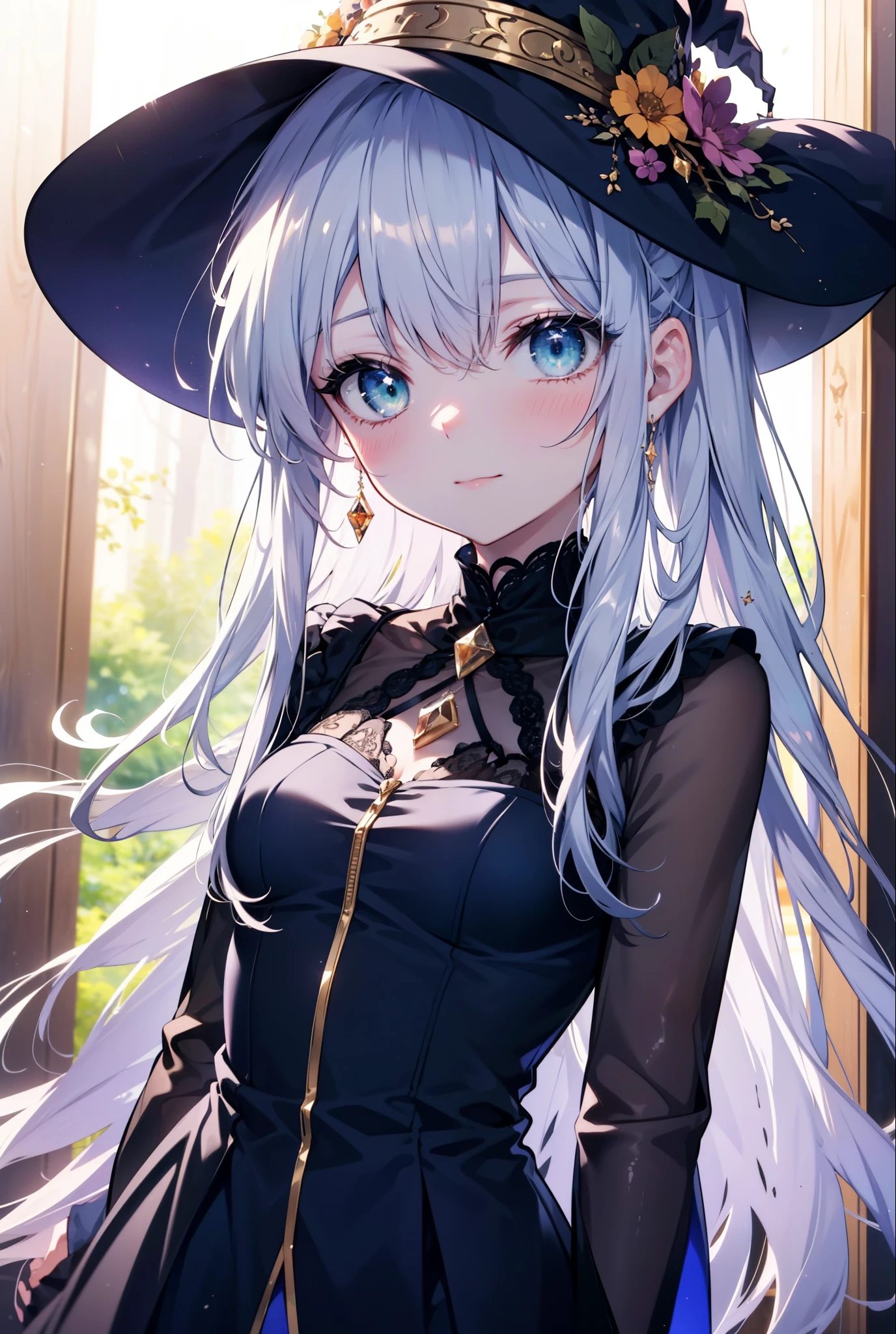 Prohibited bibliography,  green eyes, Silver Hair,  long hair,witch,  has , smile,blush, mouths,witch  has ,  dress,  Halloween,  Halloween costume,   jewelry, full moon,  whole bodyがイラストに入るように,                                                                   break looking at viewer,whole body,
break outdoors, forest,, 
break (masterpiece:1.2),  best quality ,  high resolution,  Unity 8K Wallpaper , (figure:0.8), ( precise and beautiful eyes:1.6),  very detailed face,  PERFECT LIGHTING ,  very precise CG, (perfect hand,  perfect anatomy),