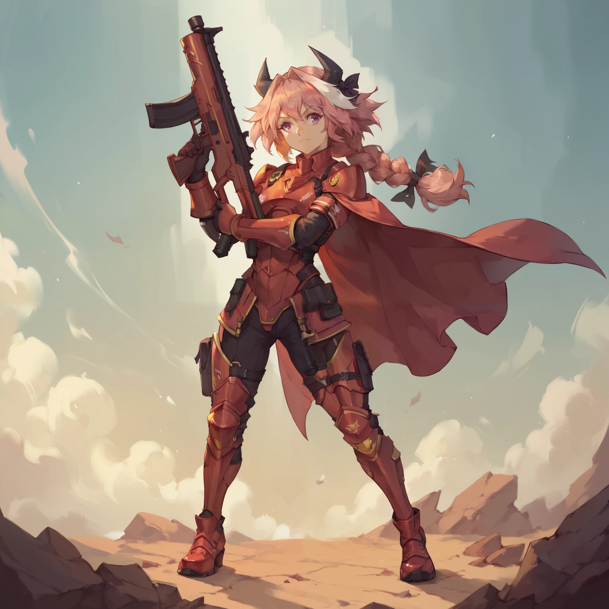 1Astolfo wearing helldiver armor, wearing grey with yellow inlays helldiver armor (wearing grey with yellow inline helldiver armor) is wearing sci fi helldivers armor, solo, alone, (SOLO)(ALONE) wearing cape, full body, holding rifle