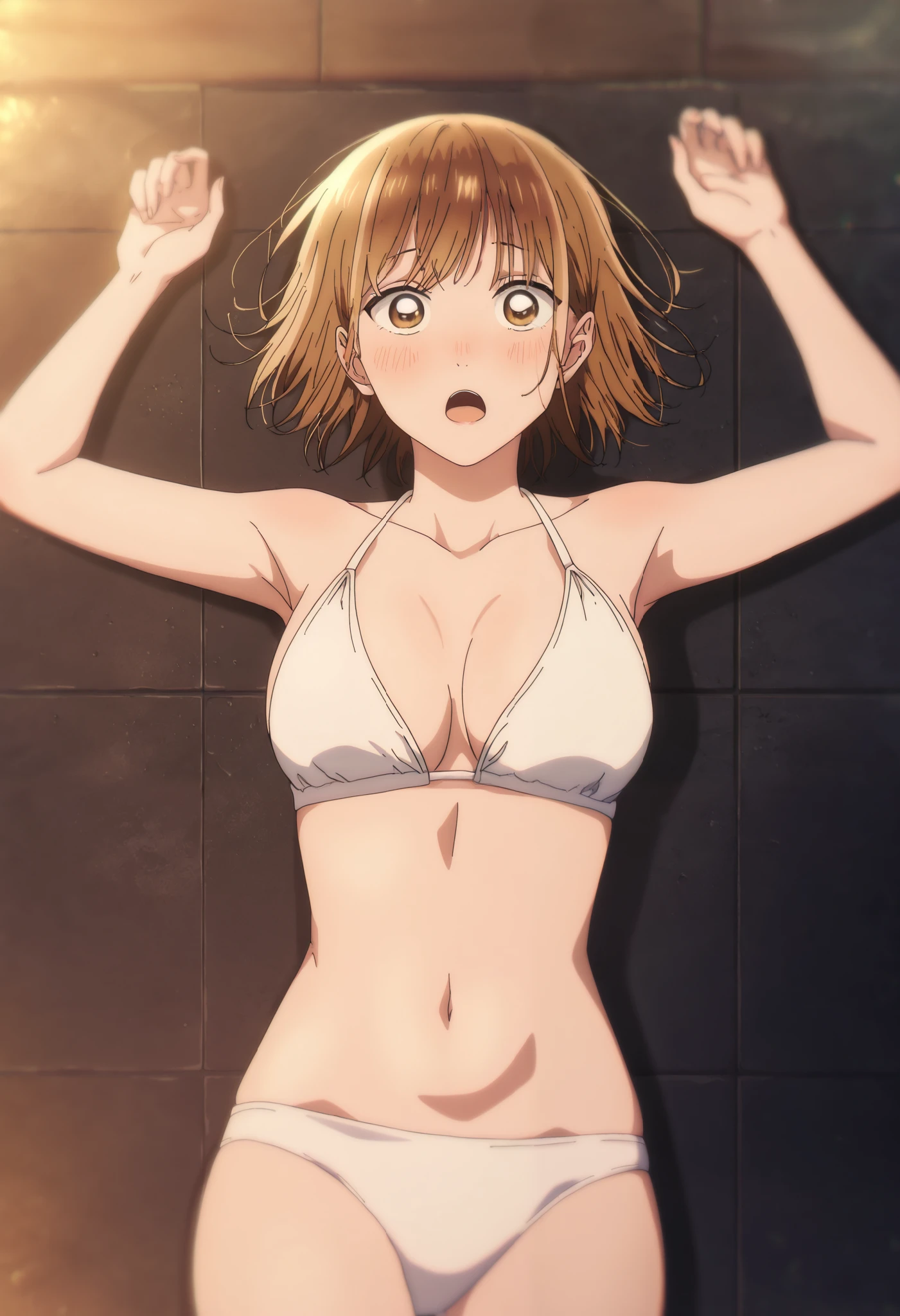 masterpiece, high quality, 8k, Beautiful lighting,sunny day, 1 female, Vibrant colors,,Nobara Kugisaki ,(anime official art),((Perfect nipples)), ((White shirt)),((topless)),((full open shirt)),Upper Body, (White lace panties),((Belly details)), ((Sleep on your back)), (slender thighs),Beautiful clavicle,((Troubled eyebrows)),((Center of chest)),Slender body,((Lying in the forest)),茶色のeye、thin, Thin arms,eye,Troubled expression,White lace underwear,blush