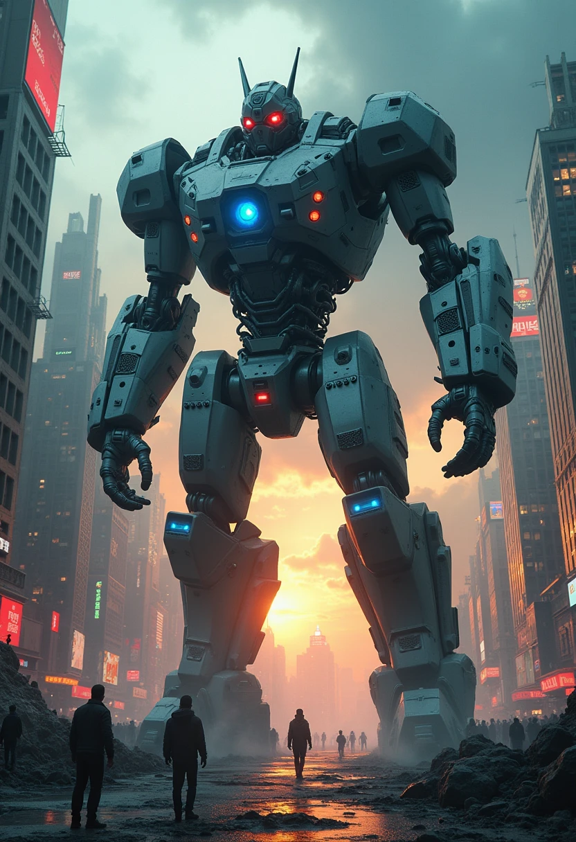 A hyper-realistic depiction of a massive robot standing amidst a sprawling, futuristic cityscape. The robot towers over the skyline, its metallic body glinting with reflections of neon lights from surrounding skyscrapers. Its design features exposed hydraulic systems, glowing blue energy cores embedded in its , and piercing red eyes that emit a faint, ominous glow.

The robot’s massive hand grips the edge of a shattered building, steadying itself as it kneels, its mechanical joints hissing with steam. The ground below is littered with debris, cracked asphalt, and the remains of vehicles, while tiny human figures scatter in awe and terror.

Above, the twilight sky is a mix of fiery orange and deep blue, with storm clouds rolling in. Bright holographic advertisements flicker on nearby buildings, casting colorful light onto the robot’s surface. The scene captures every intricate detail, from the scratches on the robot’s armor to the chaos of the city streets below, all rendered in stunning 8K realism. The dramatic interplay of light and shadow highlights the sheer scale of the robot and the fragile city it towers over.
