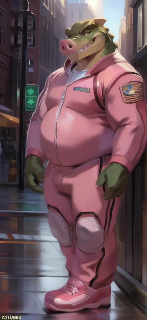 Kobold, male, only wearing white and pink thigh highs, by bebebebebe, femboy, wide hips, small waist, big balls, flaccid large big foreskin, cute, pink small cropped shirt, bus, people in back, light green body, standing, boring face, look at his telephone, listening music, taking a telephone, airpods