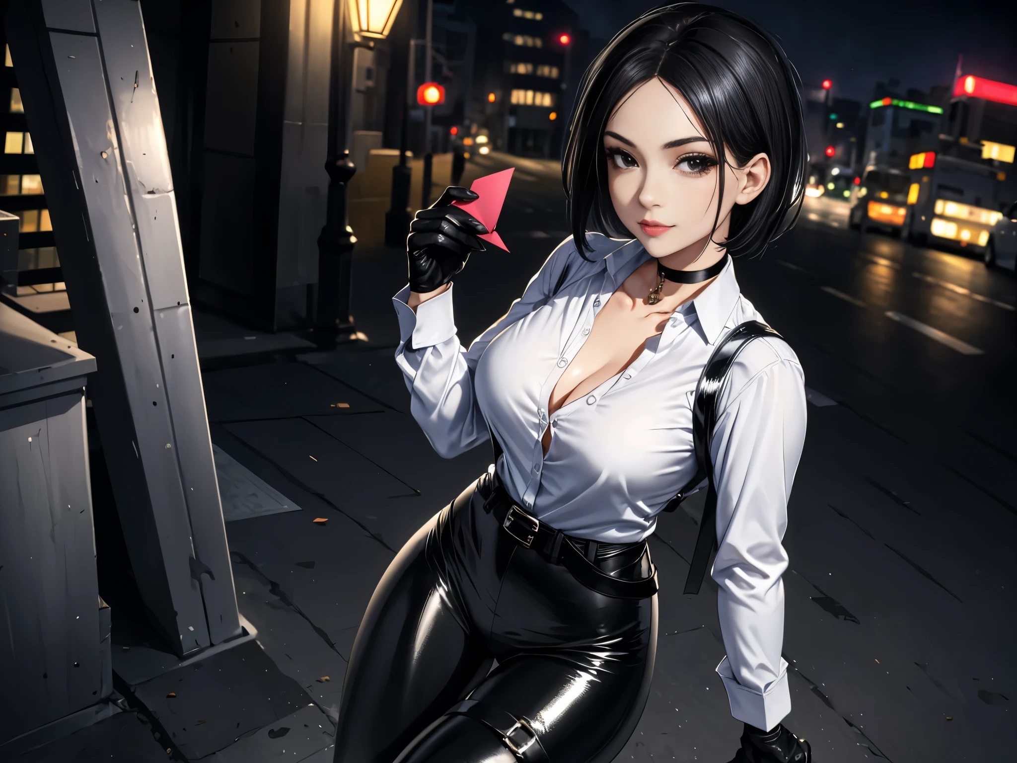 masterpiece, envelopes, HDR-10, volumetric lighting , ( perfect hands), There is a person, standing, (pose sexy), ( seen from above ), looking at the viewer , seductive look, slight smile, detailed eyes, black eyes , sensual lips, short black hair , choker : 1.6, (white long sleeve buttoned shirt), (black straps), ( shiny black leggings), black gloves, belt, ((thigh harness)), street, city, at night