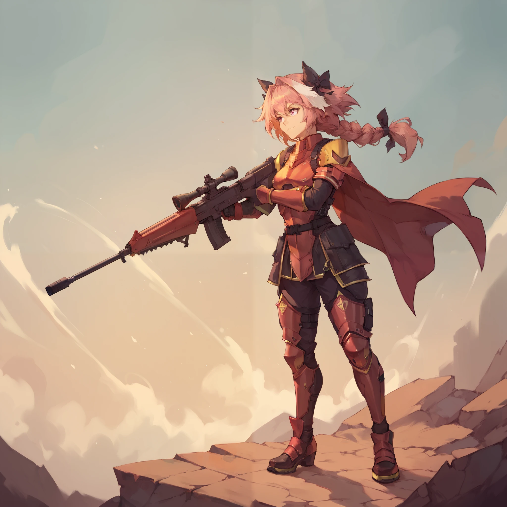 1Astolfo wearing helldiver armor, wearing grey with yellow inlays helldiver armor (wearing grey with yellow inline helldiver armor) is wearing sci fi helldivers armor, solo, alone, (SOLO)(ALONE) wearing cape, full body, holding rifle