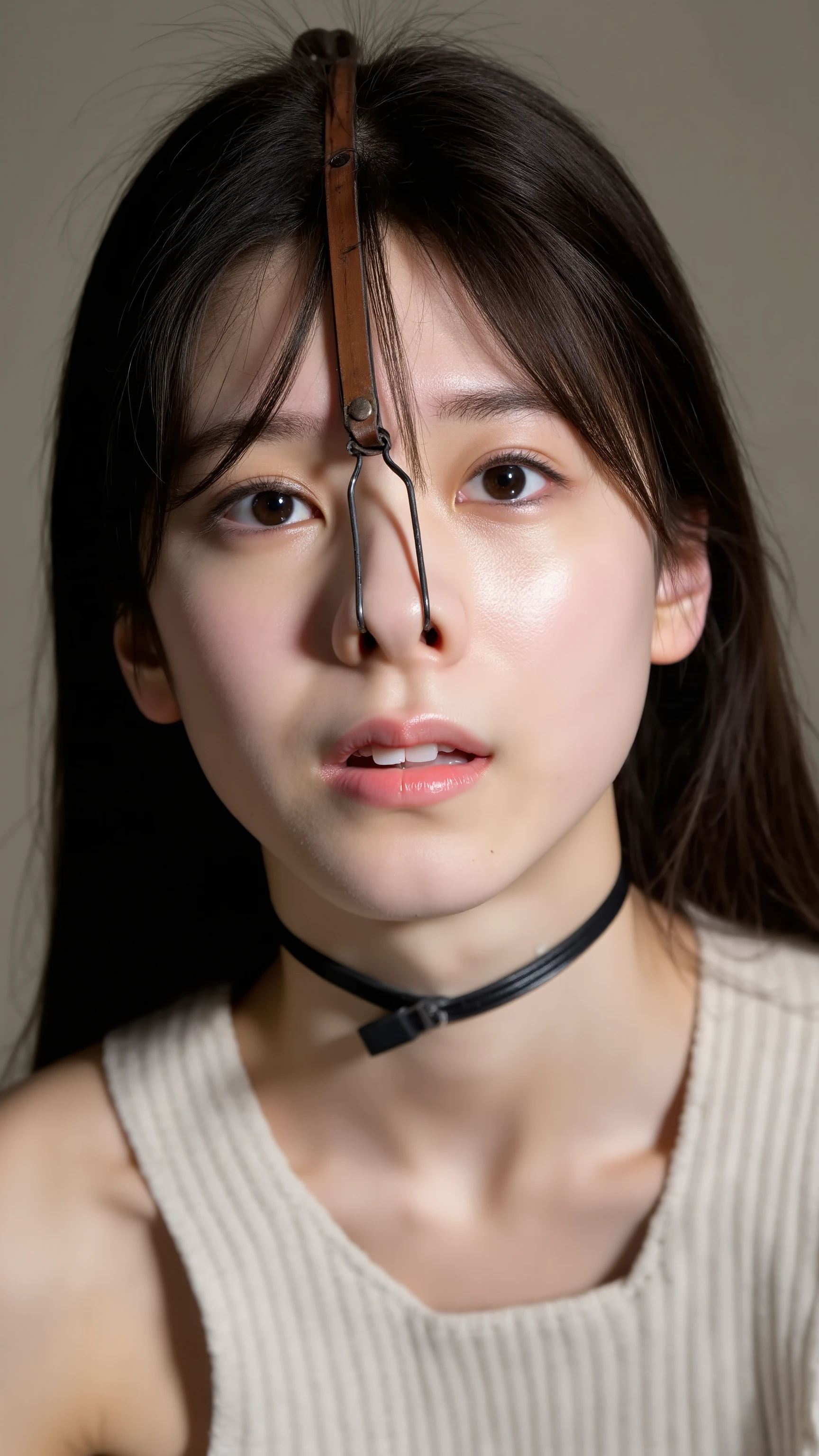 A high resolution photograph of a young Japanese woman, masterpiece, photo-realistic, sharp focus, portrait, fashion shoot, solo, 1girl, clothed, straight long black hair, (nose-hook with strap wrapped around head top, leather choker:1.2), embarrassed, sadness, looking at the camera, (face focus, close-up of face, front view, view from below),