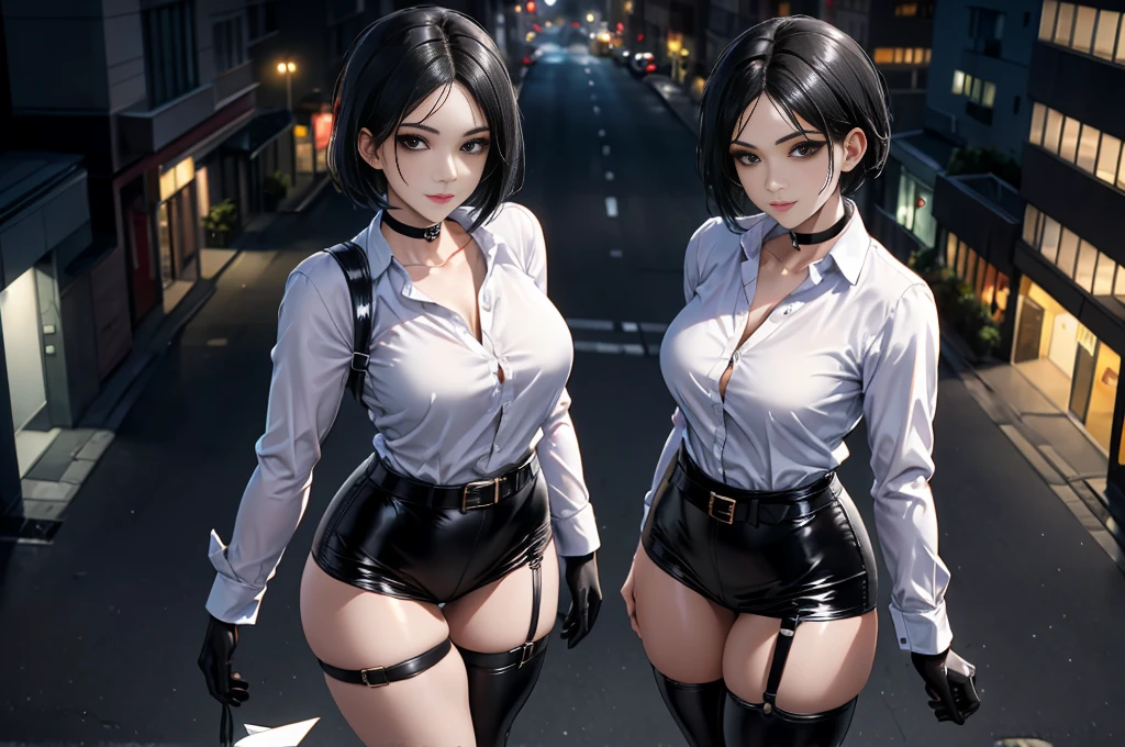 ((blood droplets)), ((blood)), ((blood splatter)), ((blood on clothes)), ((blood stain)), Masterpiece, Beautiful art, professional artist, 8k, Very detailed face, Detailed clothing, detailed fabric, 2 girls, view from behind, perfect ass, standing, BIG BREASTS, perfectly drawn body, shy expression, pale skin, beautiful face, long black hair, 4k eyes, very detailed eyes, pink cheeks, choker:1.6, (white long sleeve button down shirt with white collar), black gloves, gloves that cover hands, (holds an ax with his right hand), (black leather corset), (shiny black leggings), Sensual Lips, show details in the eyes, dark forest, Atmosphere, fog, At night