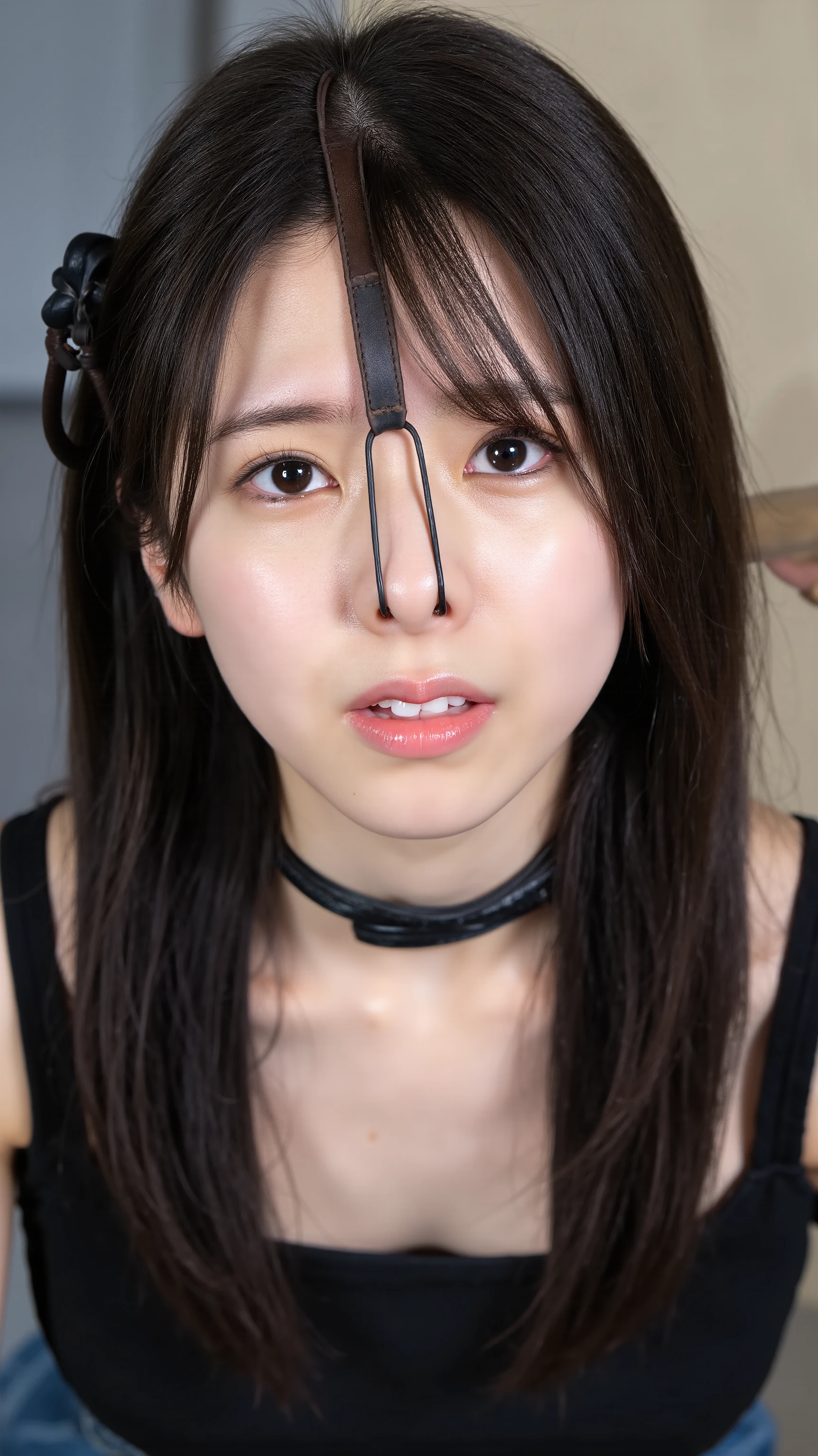 A high resolution photograph of a young Japanese woman, masterpiece, photo-realistic, sharp focus, portrait, fashion shoot, solo, 1girl, clothed, straight long black hair, (nose-hook with strap wrapped around head top, leather choker:1.2), embarrassed, sadness, looking at the camera, (face focus, close-up of face, front view, view from below),