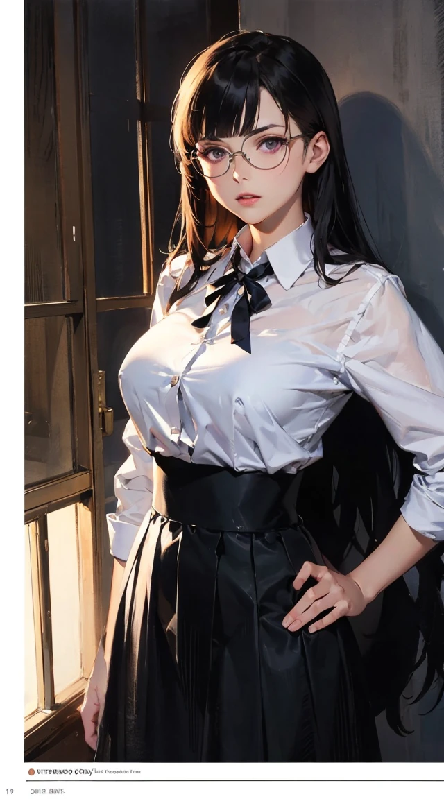 (Best Quality,4k,8K,hight resolution,Masterpiece:1.2),Ultra-detailed,(Realistic,Photorealistic,photo-realistic:1.37), Vivid colors, Dark atmosphere, soft-lighting, Beautiful, Wide Detail ((violet eyes)), handsome body, nice feet, pink blouse, dark knee-length long skirt, soft colors, long dark hair, Youthful appearance, confident expression, Stylish outfit, dark tights, nylon, Background of the mansion, delicate features, cinematic composition, mysterious aura, detailized face.