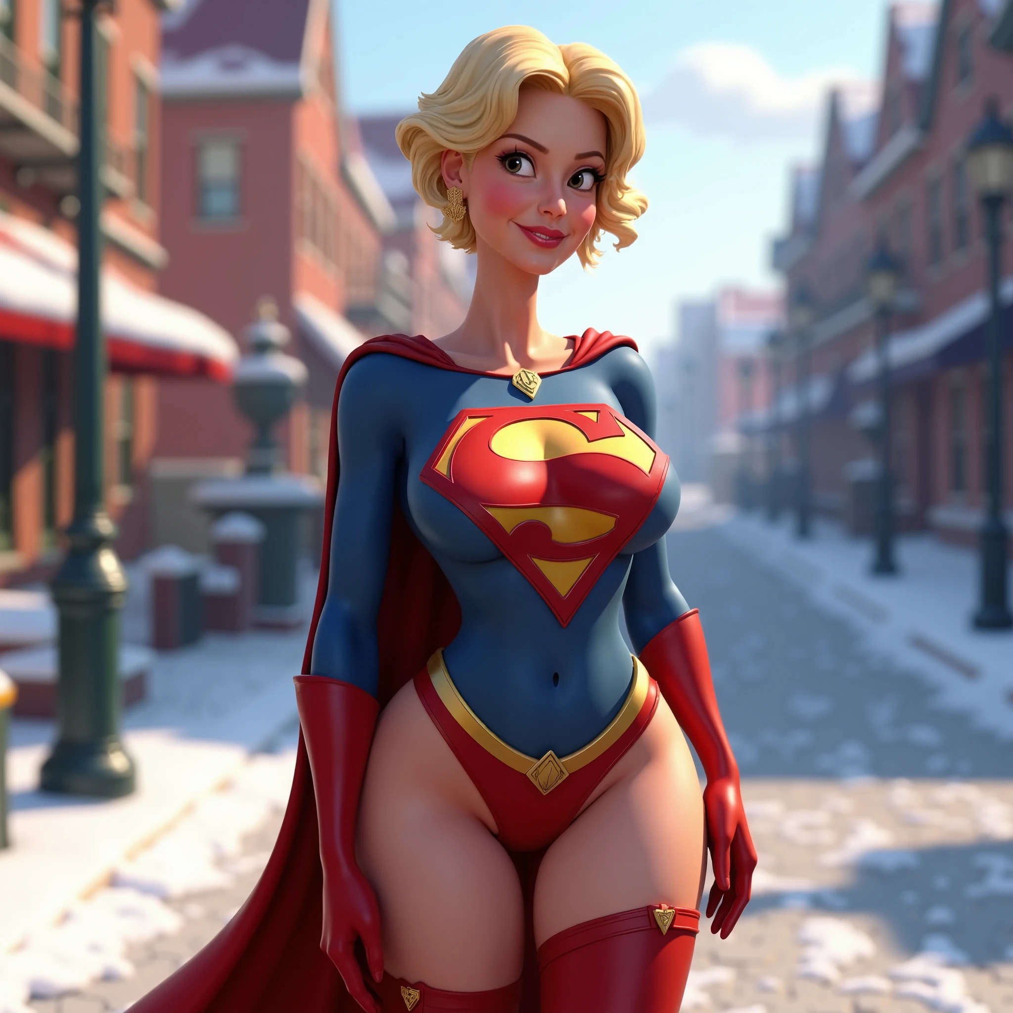 (work of art), (best qualityer), (better detail), beautiful and delicate face, blonde hair, beautiful photo,wearing sexy blue supergirl leotard thong, butt sample, futuristic western scenery