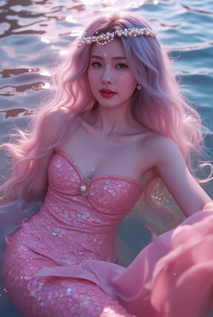 close-up shot ，Rococo mermaid swimming in the sea， mermaid scales are pink and colorful ， silver pink hair ，Glitter powder on the face， pearl headdress ， A flirtatious body with a very feminine upper body，clavicle，Cleavage，Big breasts，Sharp shoulders ， perfect muscle line ，Bodybuilding，Half-length close-up， low angle shot ， aim the camera at her tail ， surrealistic shot ， shiny background ， light pink purple tone ，Ultra HD 16K