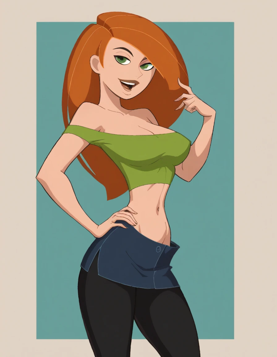 detailed eyes, 4k, high quality, colorful, super detailed eyes and face, 1girl, looking at viewer, 22-year-old woman with Caucasian skin, long red hair, green eyes, sensual gaze, beautiful smile, freckles, big breasts, cleavage, (Wearing: tan crop-top and blue shorts:1.2), smirk, (standing:0.92), full body

