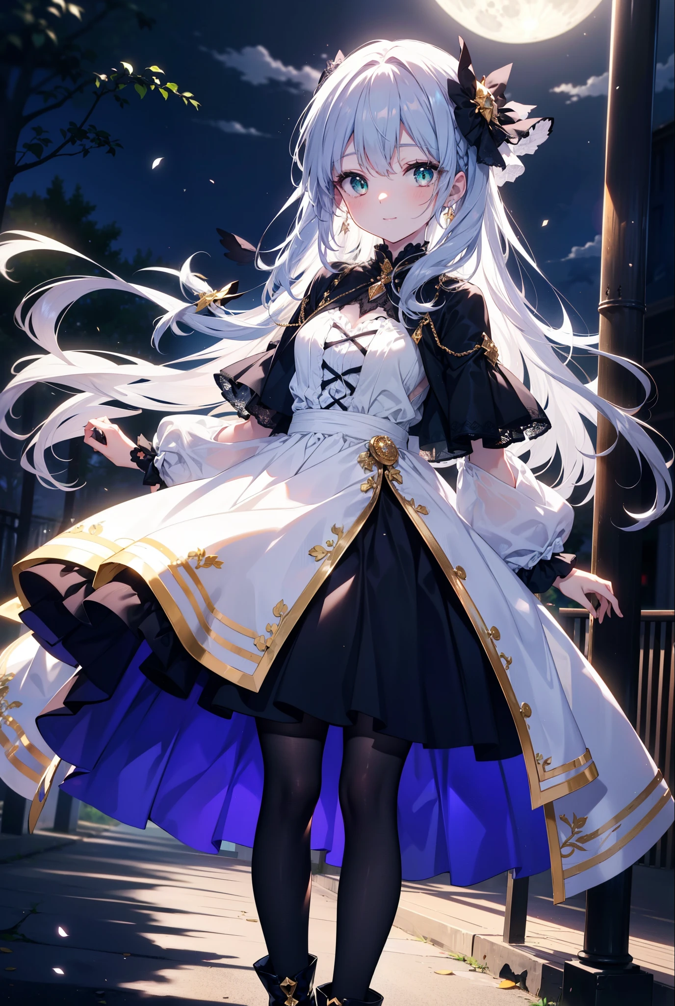 Prohibited bibliography,  green eyes, Silver Hair,  long hair,witch,  has , smile,blush, mouths,witch  has ,  dress,  Halloween,  Halloween costume,   jewelry,Long frill skirt, short boots, full moon,  whole bodyがイラストに入るように,                                                                   break looking at viewer,whole body,
break outdoors, forest,, 
break (masterpiece:1.2),  best quality ,  high resolution,  Unity 8K Wallpaper , (figure:0.8), ( precise and beautiful eyes:1.6),  very detailed face,  PERFECT LIGHTING ,  very precise CG, (perfect hand,  perfect anatomy),