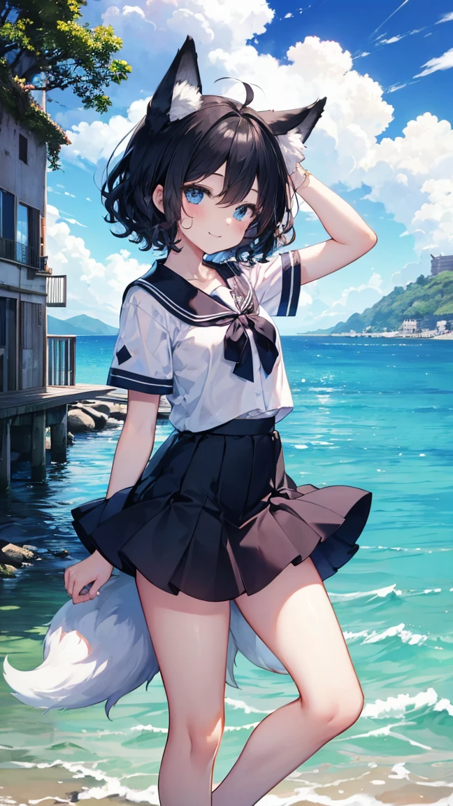 1young_teen_女の子、ロリ、brown_hair、medium_bob_hair、blue_midriff_baring_sailor_uniform、mini_skirt、short_sleeve、太もも、big_tits,closed_eyes, 笑顔、open_mouth、立っている,harbor_background、spread_legs、幸せ、NSFW、short_gloves, wet,transparent,covered_nipples, covered_crotch, under_tits, sweat, bare_thighs
