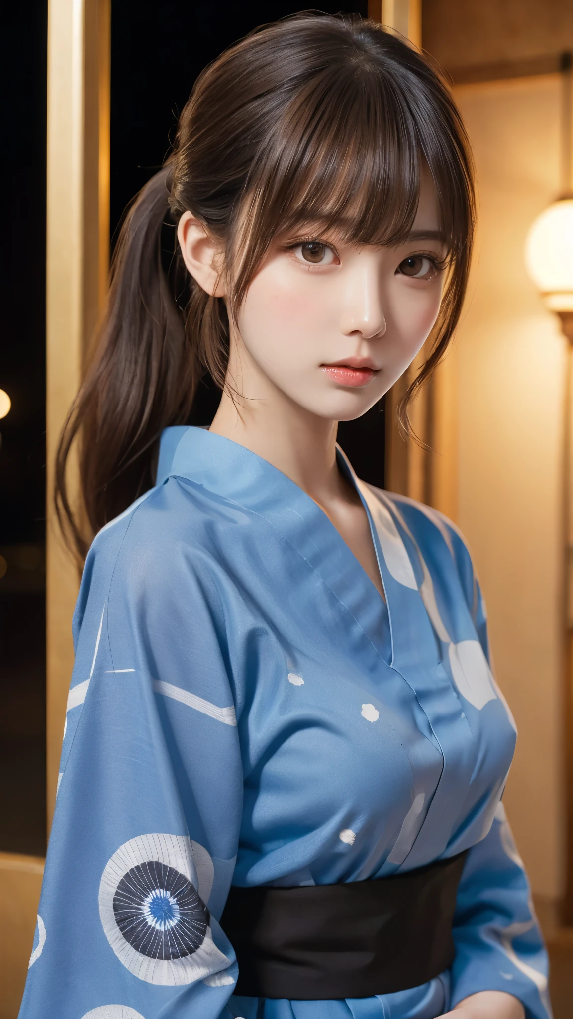 ((masterpiece, best quality , high resolution)), 1 girl , ( realistic: 1.4), Alone, , I closed my mouth, A little brown hair, long hair, ponytail, big eyes, transparent double eyelid , eyelash, Listen carefully, Long neck, attractive proportions, shiny skin, golden ratio face , perfect face, bangs, 7:3 bangs, lip gloss, thin lips, blue yukata kyudo,Temple,Full moon night, blue furry sleeve,