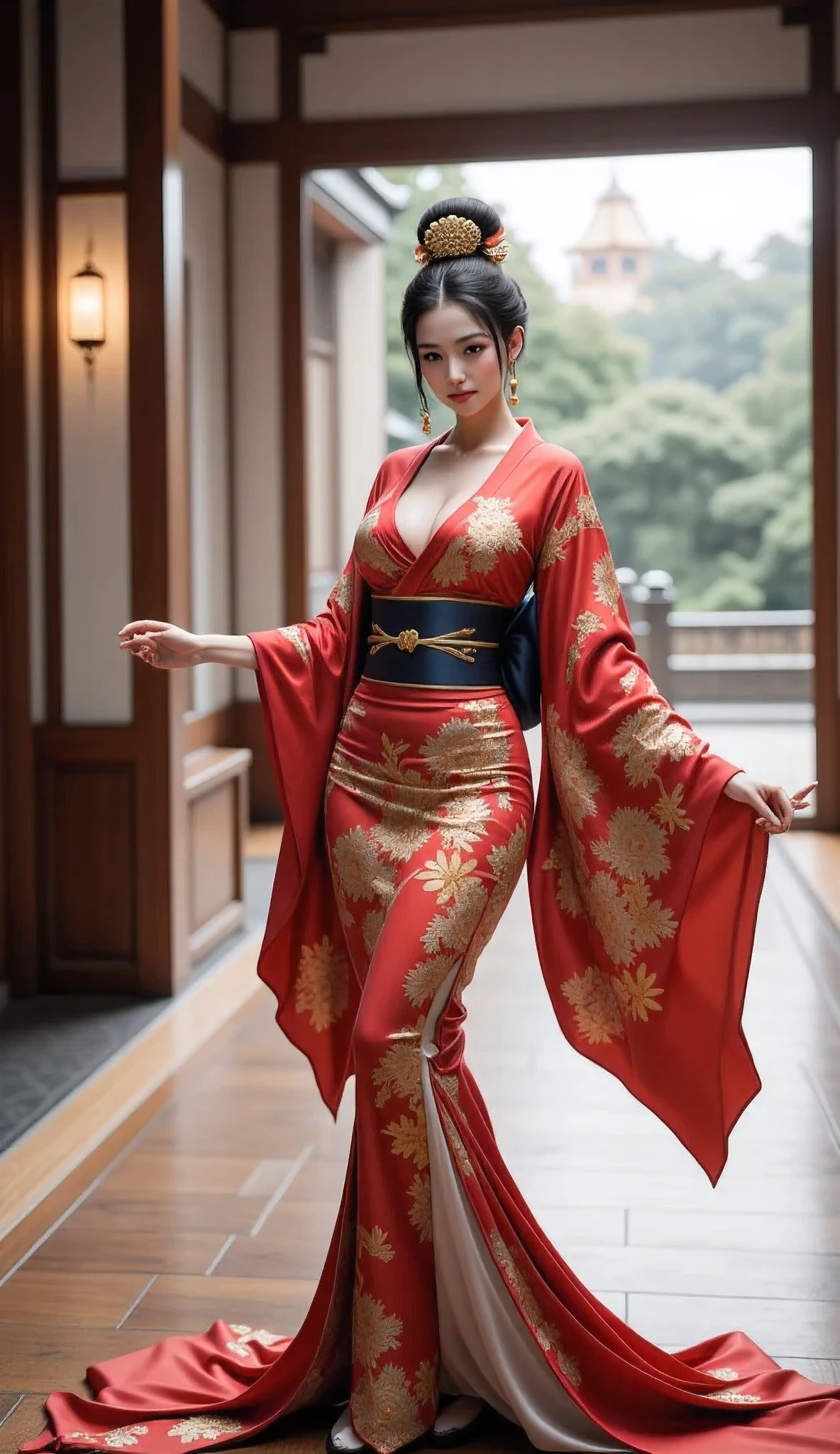 8k Uhd, Dslr,Film Grain, Fujifilm XT3,(Best Quality:1.3), (Masterpiece:1.1), High Resolution, Cinematic Light, Intricate Details, (Photorealistic) (night scene) a realistic backlight dramatic red tone light photography full body of a beautiful japanese geisha girl, ((facial texture pore detail)), grin demonic smile, simple messy hairdo, wearing satin black kimono with traditional dragon motif, open shoulder, full body colourful dragon tattoo, holding long katana blade, inside traditional villa, 8K, bokeh foreground