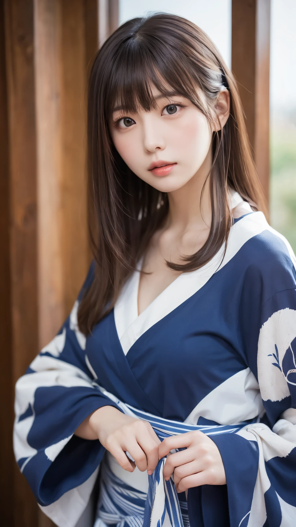 ((masterpiece, best quality , high resolution)), 1 girl , ( realistic: 1.4), Alone, , I closed my mouth, A little brown hair, long hair, ponytail, big eyes, transparent double eyelid , eyelash, Listen carefully, Long neck, attractive proportions, shiny skin, golden ratio face , perfect face, bangs, 7:3 bangs, lip gloss, thin lips, blue yukata kyudo,Temple,Full moon night, blue furry sleeve,Japanese beauties in the old days、