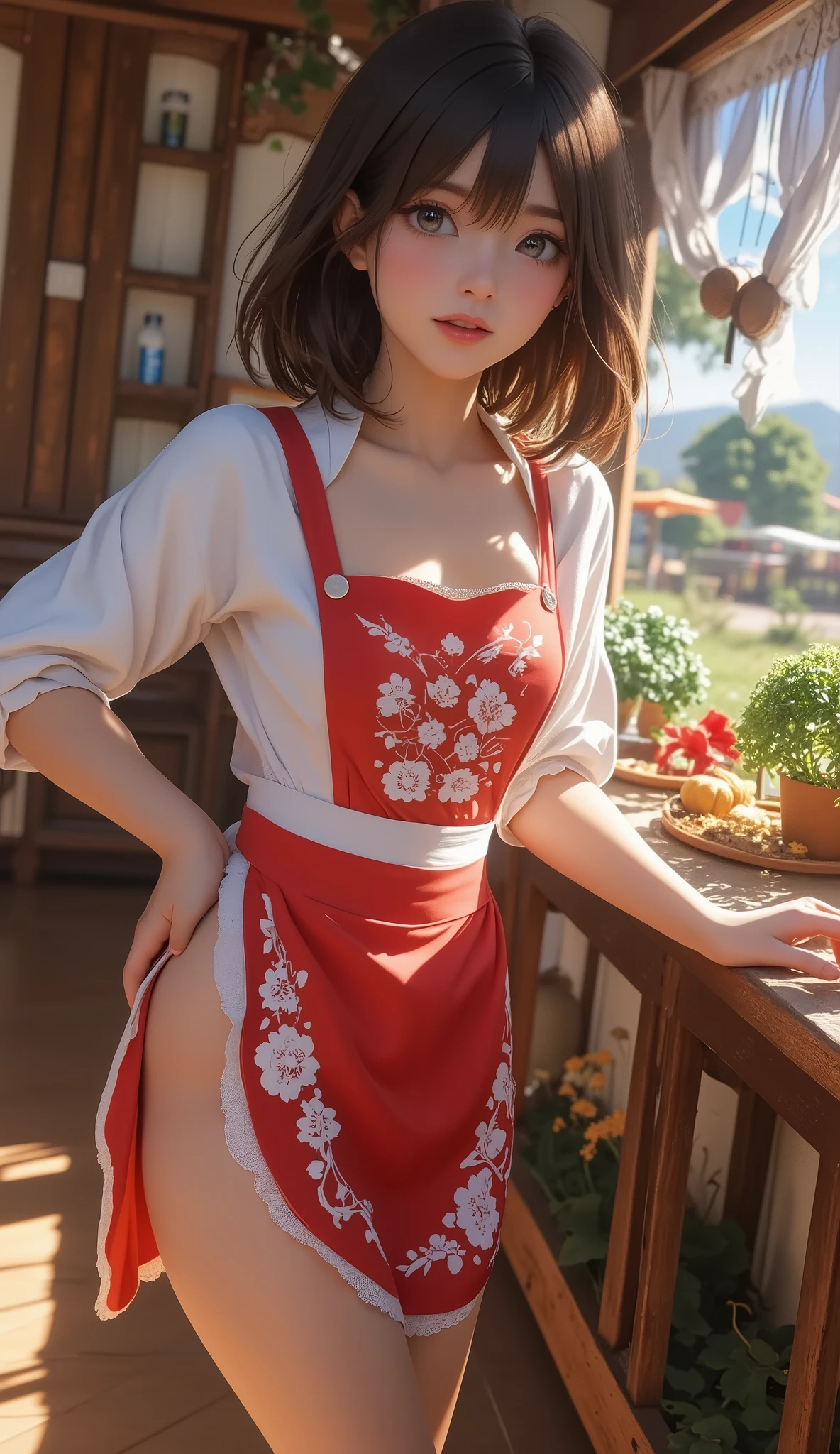 a , 1 girl, sexy apron , naked apron, Big Breasts, deep cleavage , sexy long legs