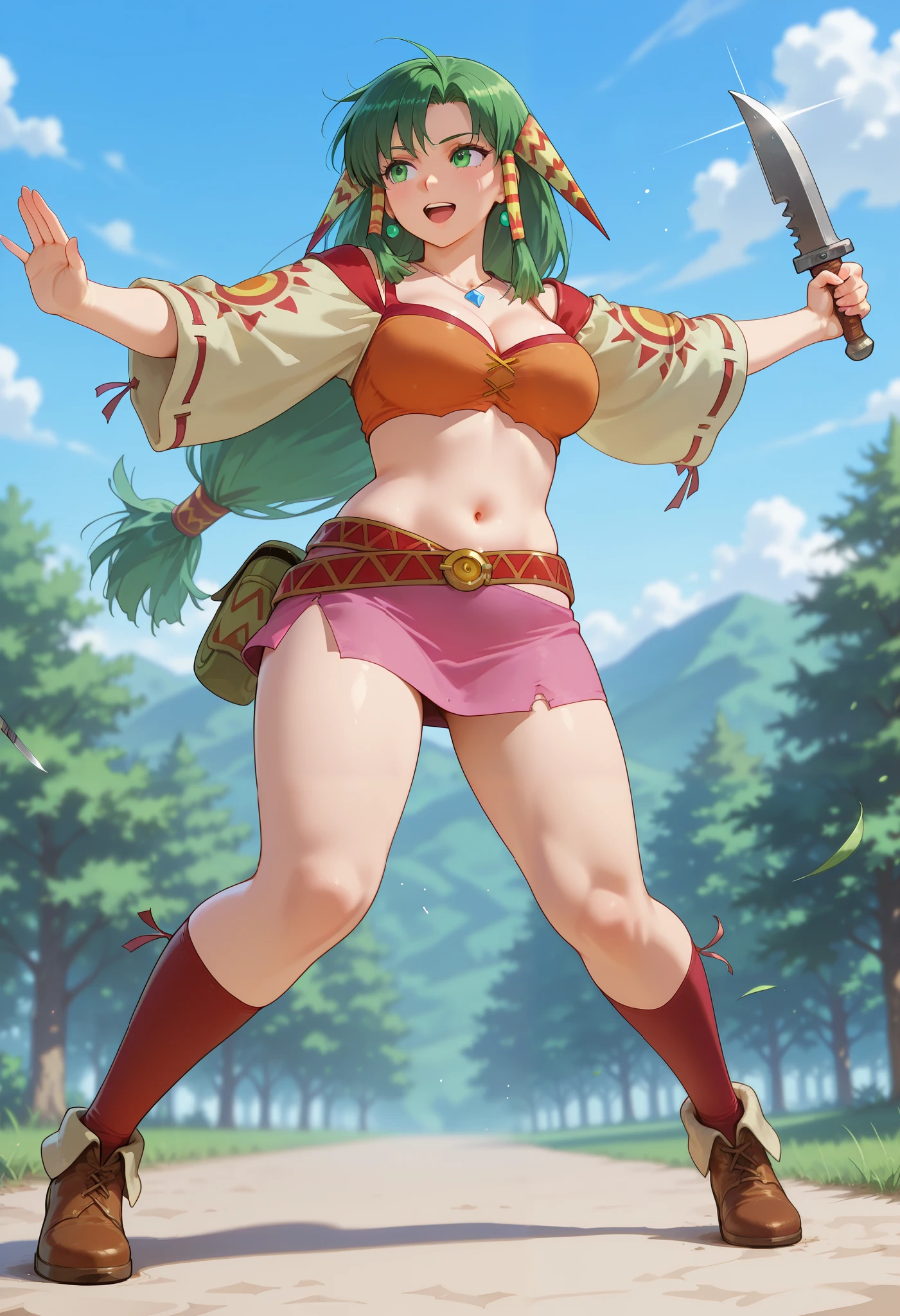 26 yo, face look alike to feena from \(Grandia\), Beautiful Mature young milf, (mature woman with lean perfection abdomen), sweet sweet expression, confident, large natural breasts, Curvy body, (outdoor-holding a jewel-addorned knife with 1hand - nimble acrobatic fight with a group of orcs in fantasy classic Grandia settings), battle stance, solo, 1girl, BREAK, She wears an orange bra top that leaves her abdomen exposed, paired with a small short pink skirt held up by a thin red belt. Covering her arms is a tan-colored shawl adorned patterns on both sleeves. Her long green hair flows down her back, with some sections tied through two patterned hair accessories. She completes her ensemble with ripped red socks that extend past her knees and brown shoes featuring tribal patterns similar to those on her belt and shawl, official arts, dynamic jrpg view, (dynamic cinematic angles), fantastic fantasy vibrant background, acrobatic and nimble fighting orcs hoblins monsters, 