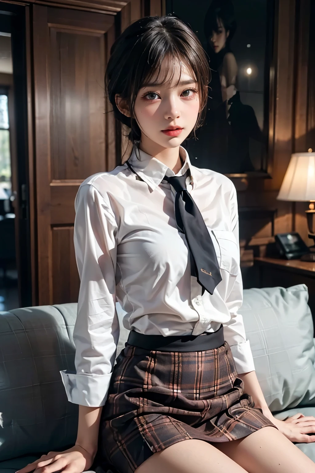 absurdres, RAW photo, extremely delicate and beautiful, masterpiece, Best Quality, ultra high resolution, 32k, hyperrealistic, ultra-detailed, perfect figure, in her 20s, very small head, very small face, delicate facial features, tearful mole, earring, huge breasts, huge breasts, full body shot, whole body shot, medium hair, black hair, school_uniform, legs,