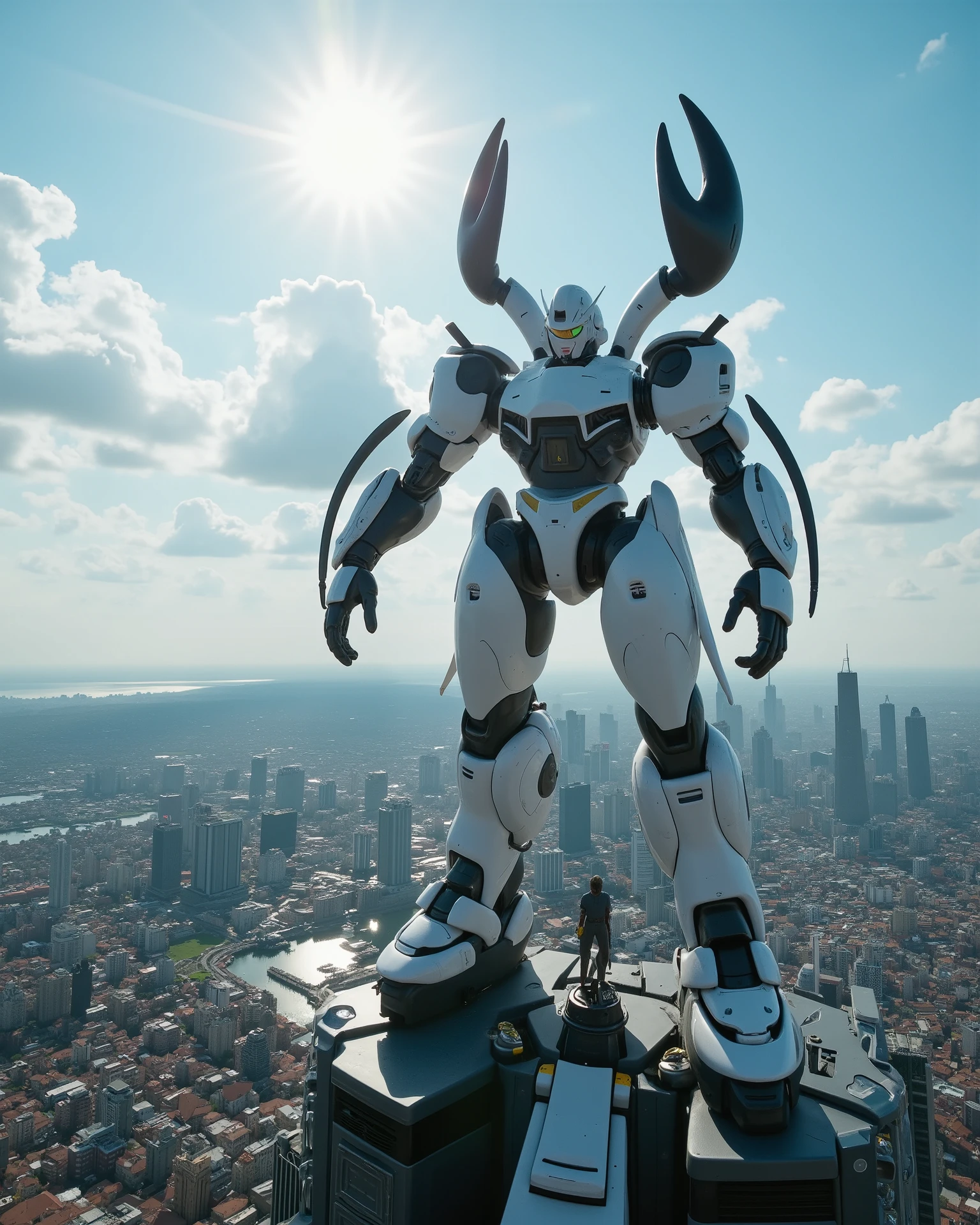 giant robot ,A robot in the shape of a crab, Skyscraper district, drone perspective , Overlooking the entire city, Full-body robot, light shining through the clouds overlooking the entire city, precise details,Cities in Brazil, Port town, blue sky