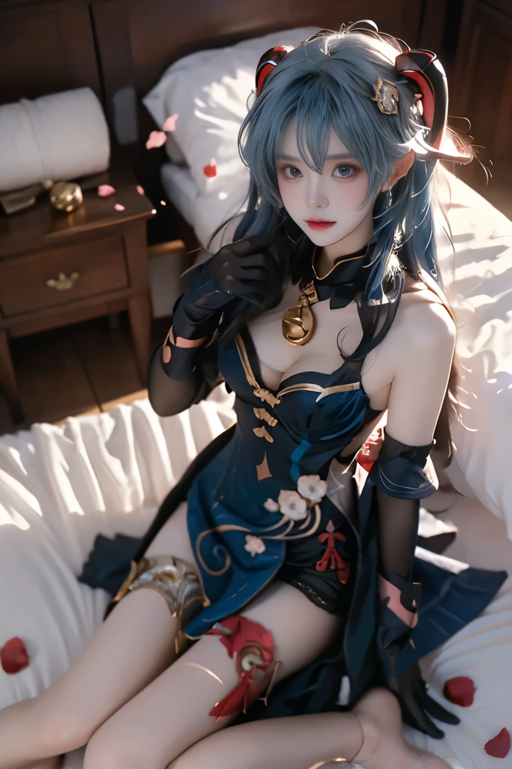 masterpiece,best qual,ity,official art,extremely detailed CG unity 8k wallpaper,bokeh,high contrast,(muted colors, dim colors, soothing tones:1.3),exposure blend,(cinematic, teal and orange:0.85),
smile,blush,medium breasts,
<lora:age_changer_last:2>,<lora:è´è´:0.4>,
sitting,((leg cross)),((throne)),
<lora:z46swimX:0.7>,Z46,1girl,solo,long hair,((silver hair)),bangs,hair ornament,(iron cross),yellow eyes,mole under eye,mole,beret,blue headwear,bare shoulders,(white gloves),blue dress,puffy sleeves,detached sleeves,sleeveless dress,open clothes,brown jacket,sleeveless,ribbon,red footwear,