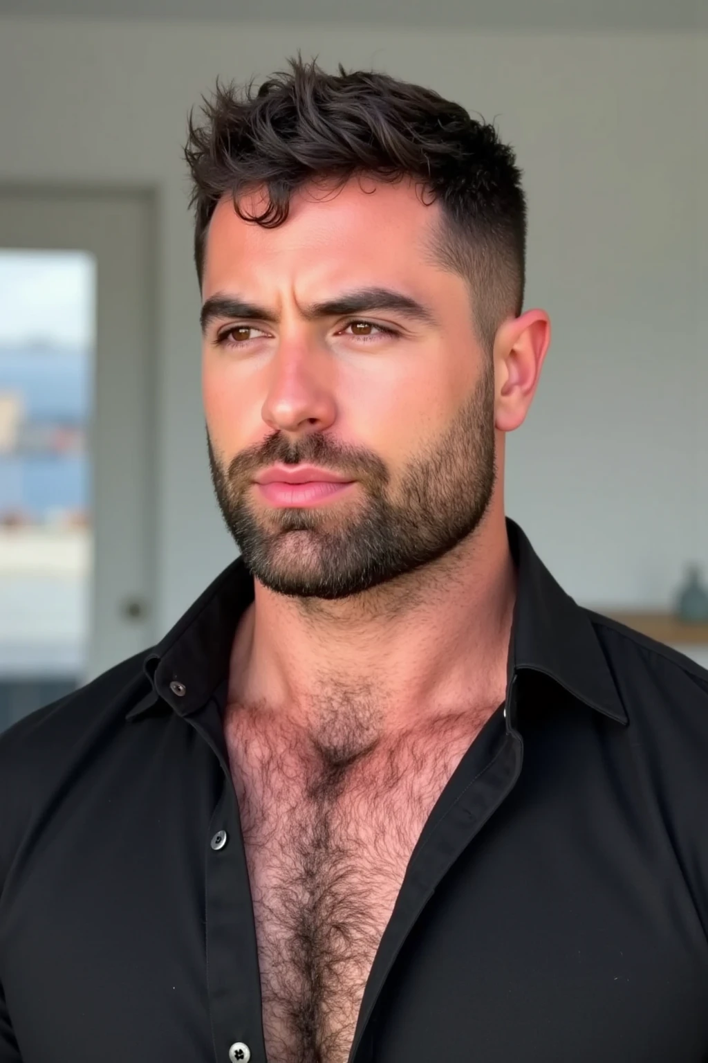 portrait of handsome man, soft belly, shirtless , beard, chest hair, no muscle, not defined, a fat, chubby, gray hair, 20 years old