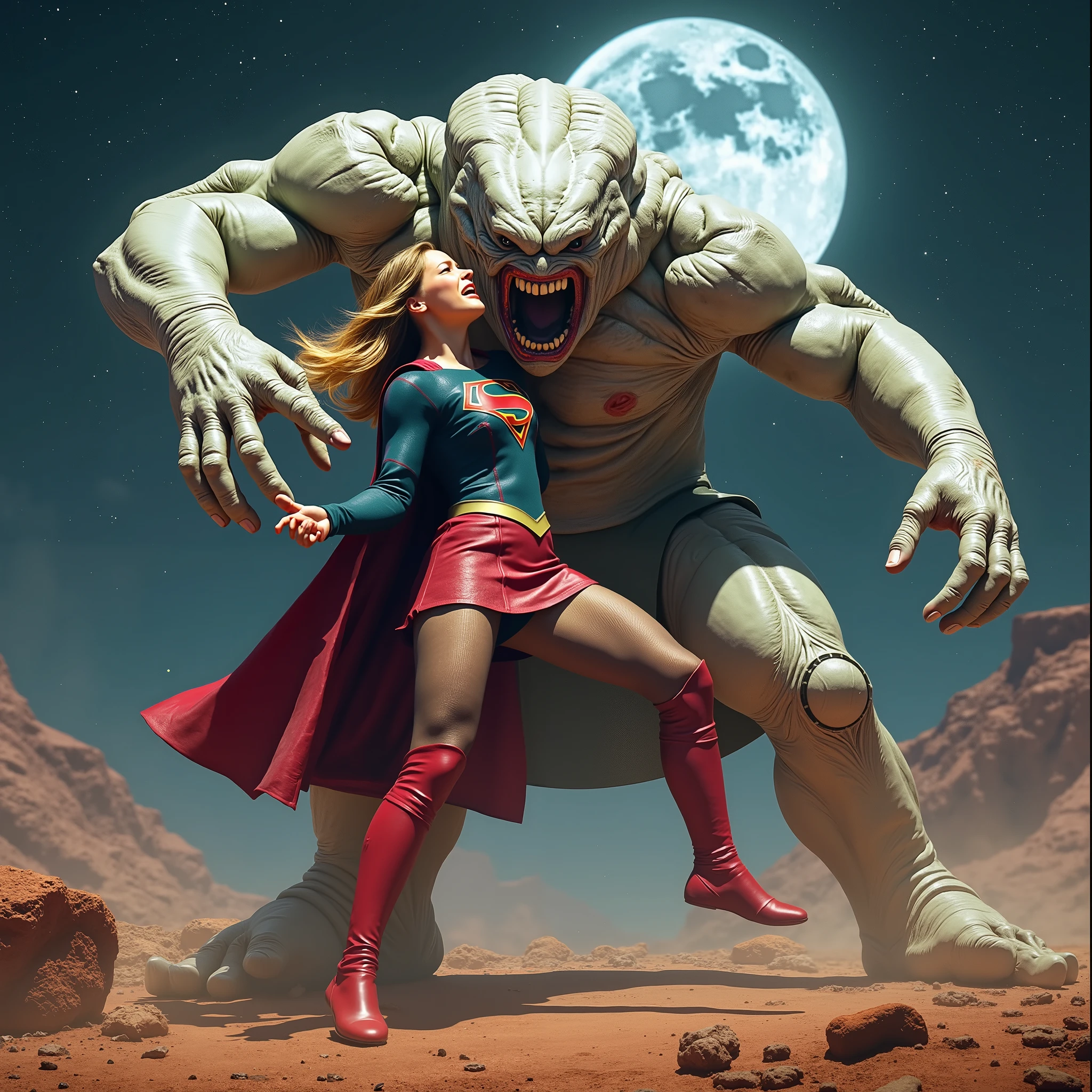 Supergirl is fighting with a huge alien monster, very bright white skin, can see whole body, She is wearing a thin black pantyhose, short red leather fabric skirt, red knee height long boots, blonde hair, lighting green collar on her neck, She is screaming in pain, seriously injured, painful, a huge body fierce Alien Monster hold and carry Supergirl body, photorealistic, hyper realistic, night time on the Mar with moon lighting,