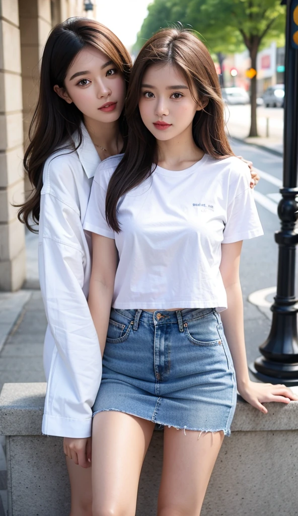 absurdres, RAW photo, extremely delicate and beautiful, masterpiece, Best Quality, ultra high resolution, 32k, hyperrealistic, ultra-detailed, delicate facial features, beautiful detailed woman, tearful mole, earring, medium breasts, full body shot, medium hair, black hair, cap, T-shirt, baggy shorts, 2 girls,