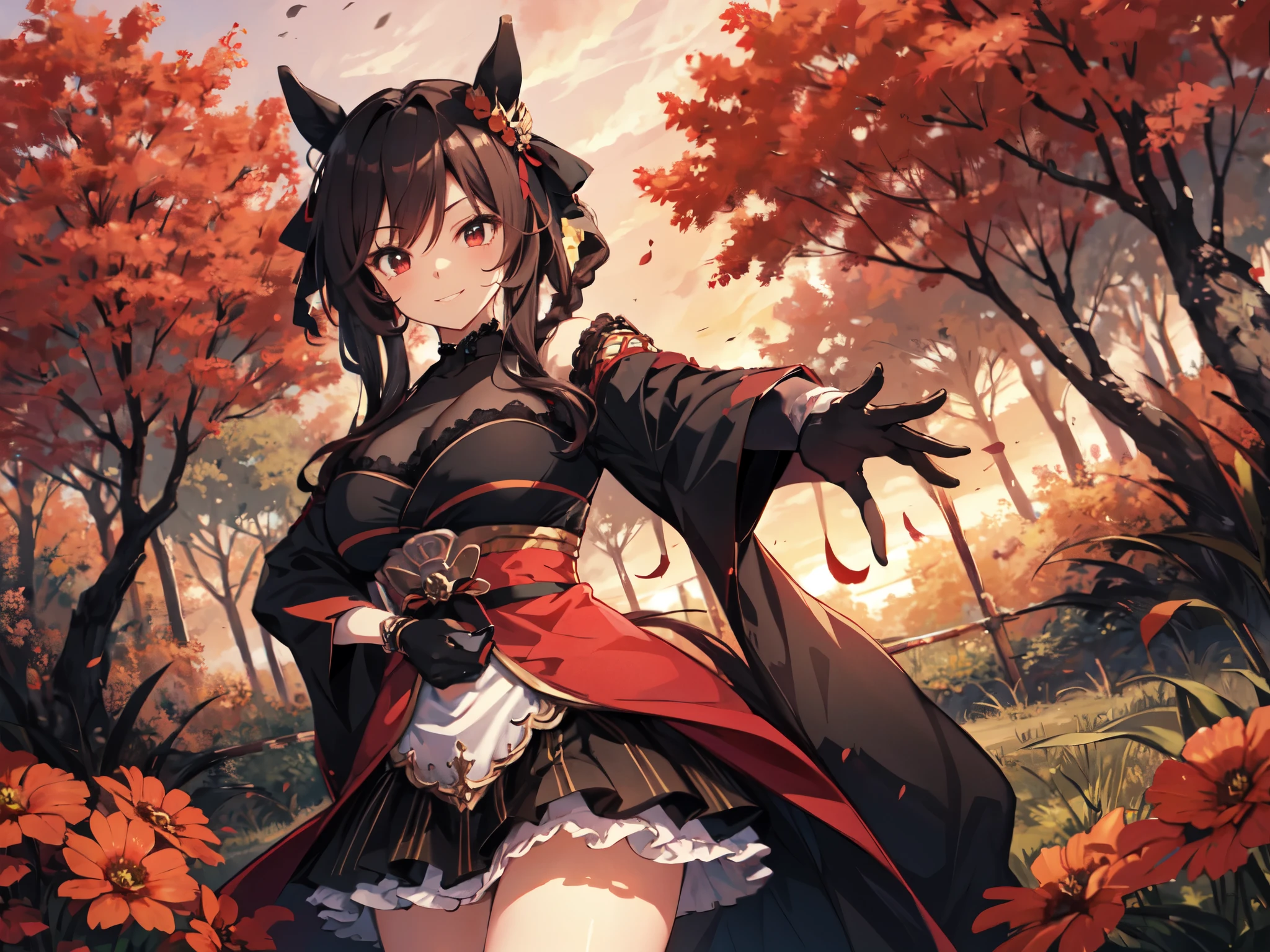Solo, alone, oblique angle, close-up, horse ears, female ninja, Japanese-style ninja outfit, skirt, lolita smile, looking at camera, pose that emphasizes large breasts, long black hair, lots of red flowers, red sky, forest