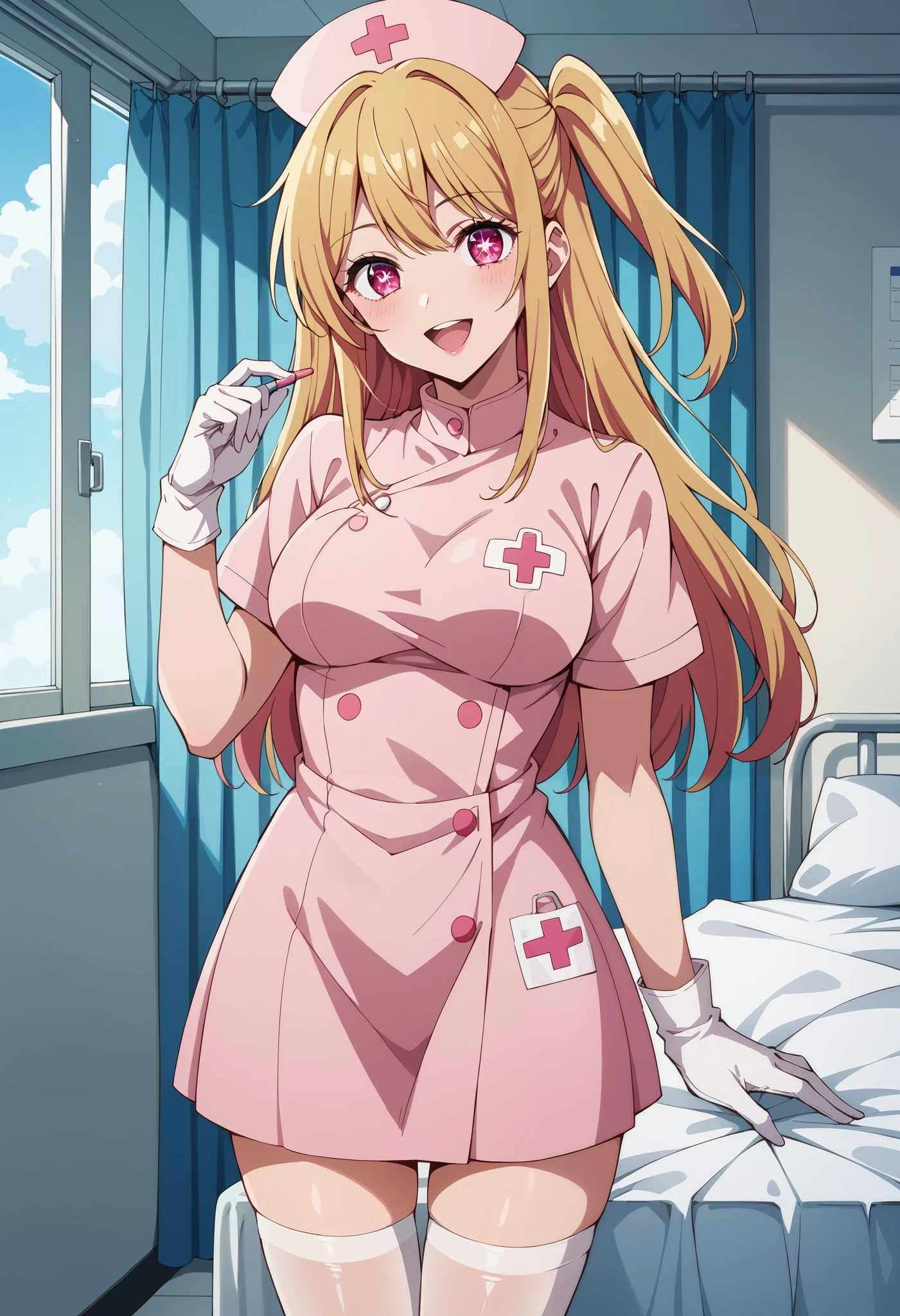 Score_9, score_8_up, score_7_up, source_anime, ruby hoshino, long hair, bangs, blonde hair, pink eyes, sidelocks, symbol-shaped pupils, multicolored hair, two-tone hair, one side up, (best quality), (high quality), {masterpiece}, extremely delicate and beautiful, ultra-detailed, beautiful detailed eyes, nurse, nurse hat, ((pink nurse's outfit)), white gloves, white legwear, zettai ryouiki, hospital room, smile, open mouth, standing