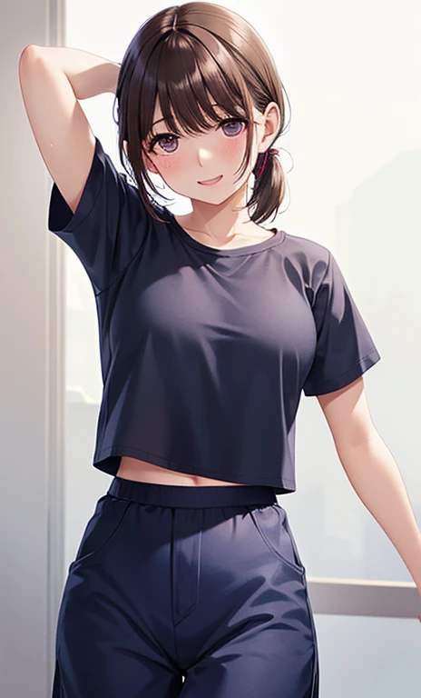 cute, girl, junior high school student, black hair, bob hair, school track suit, short sleeves, shorts, blush, smile, small bust, tits
